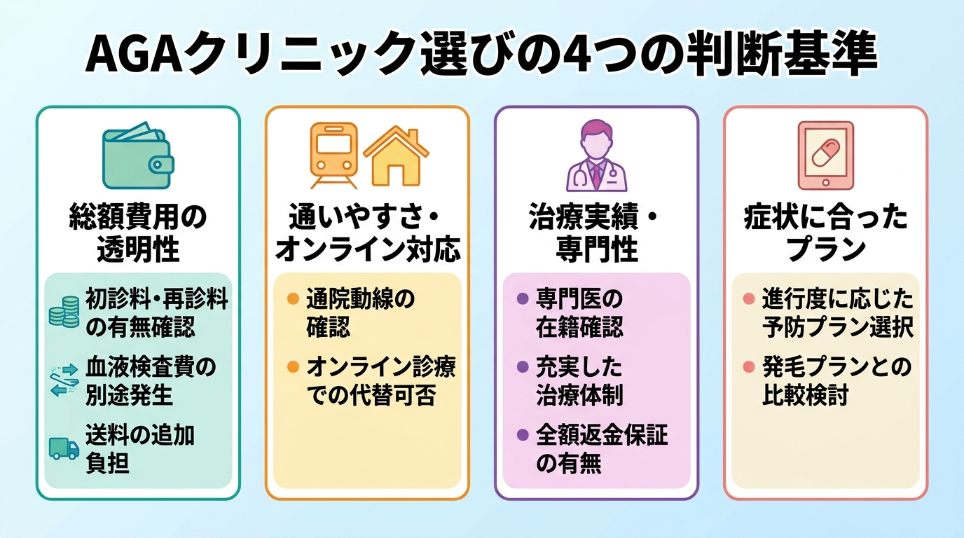 タイトル: AGAクリニック選びの4つの判断基準。縦並び4カード: カード1（財布のアイコン）総額費用の透明性: 初診料・再診料・血液検査費・送料が別途かかるか確認。カード2（電車と家のアイコン）通いやすさ・オンライン対応: 通院動線とオンライン診療で代替できるか。カード3（医師のアイコン）治療実績・専門性: 専門医の在籍や治療体制、全額返金保証の有無。カード4（錠剤のアイコン）症状に合ったプラン: 進行度に応じて予防プランか発毛プランかを選ぶ