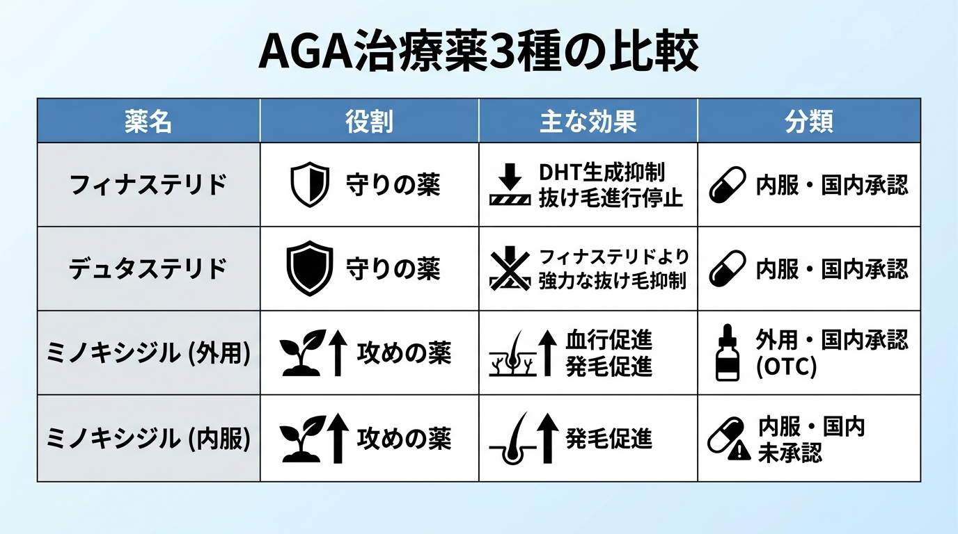 タイトル: AGA治療薬3種の比較。4列の表: ヘッダー行: 薬名 | 役割 | 主な効果 | 分類。行1: フィナステリド | 守りの薬 | DHT生成を抑え抜け毛の進行を止める | 内服・国内承認。行2: デュタステリド | 守りの薬 | フィナステリドより強力に抜け毛を抑制 | 内服・国内承認。行3: ミノキシジル（外用） | 攻めの薬 | 血行促進で発毛を促す | 外用・国内承認（OTC）。行4: ミノキシジル（内服） | 攻めの薬 | 発毛促進 | 内服・国内未承認