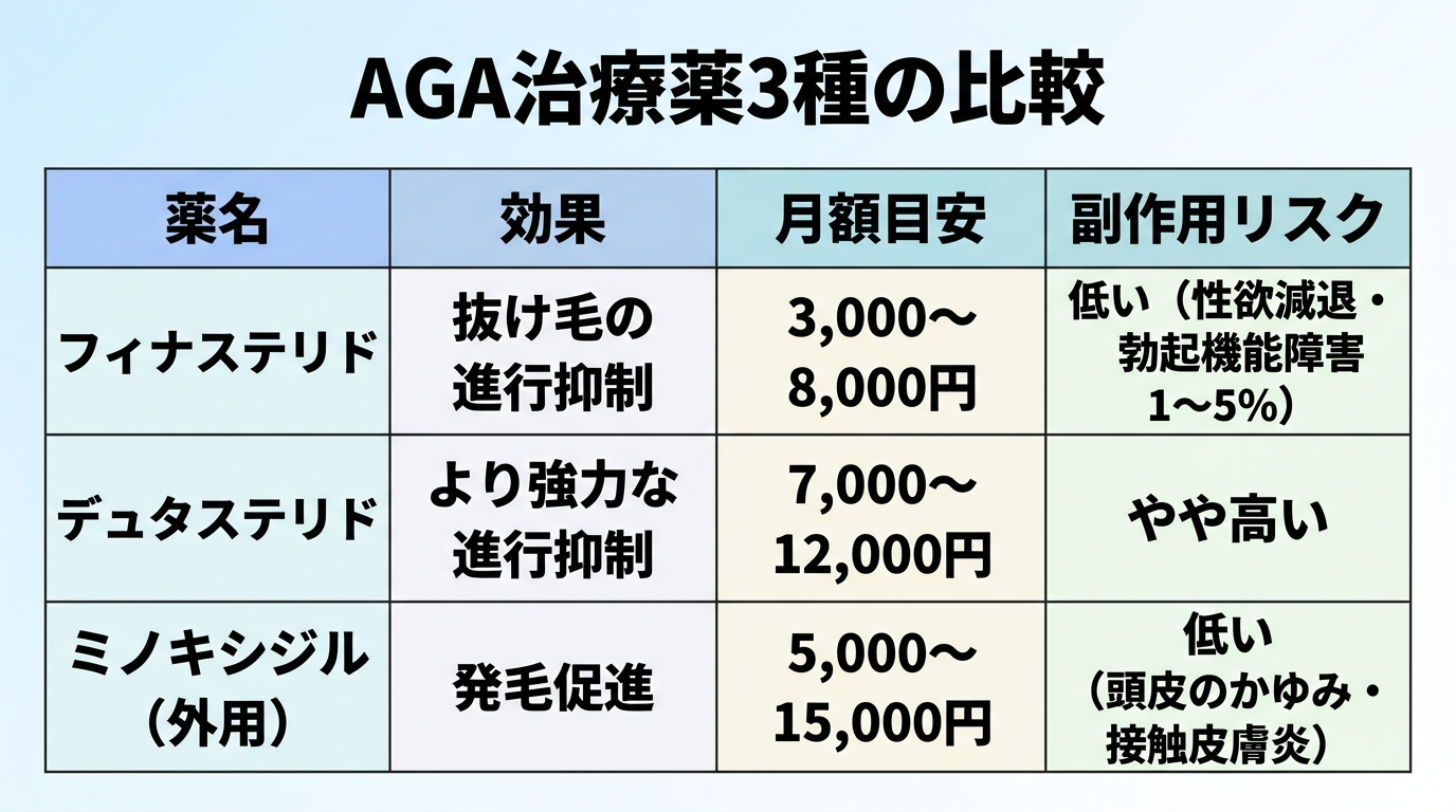 タイトル: AGA治療薬3種の比較。4列の表: ヘッダー行: 薬名 | 効果 | 月額目安 | 副作用リスク。行1: フィナステリド | 抜け毛の進行抑制 | 3,000〜8,000円 | 低い(性欲減退・勃起機能障害1〜5%)。行2: デュタステリド | より強力な進行抑制 | 7,000〜12,000円 | やや高い。行3: ミノキシジル(外用) | 発毛促進 | 5,000〜15,000円 | 低い(頭皮のかゆみ・接触皮膚炎)