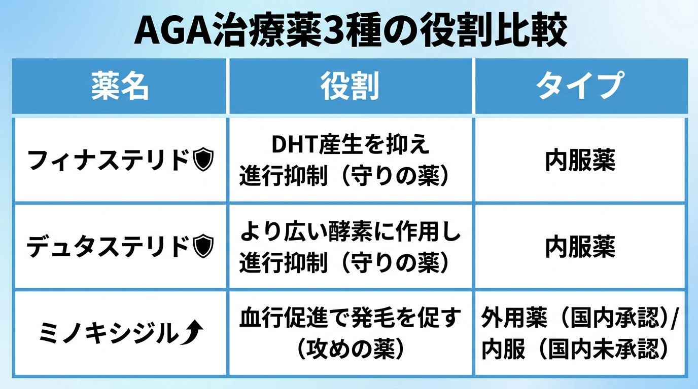 タイトル: AGA治療薬3種の役割比較。3列の表。ヘッダー行: 薬名 | 役割 | タイプ。行1: フィナステリド | DHT産生を抑え進行抑制(守りの薬) | 内服薬。行2: デュタステリド | より広い酵素に作用し進行抑制(守りの薬) | 内服薬。行3: ミノキシジル | 血行促進で発毛を促す(攻めの薬) | 外用薬(国内承認)/内服(国内未承認)。