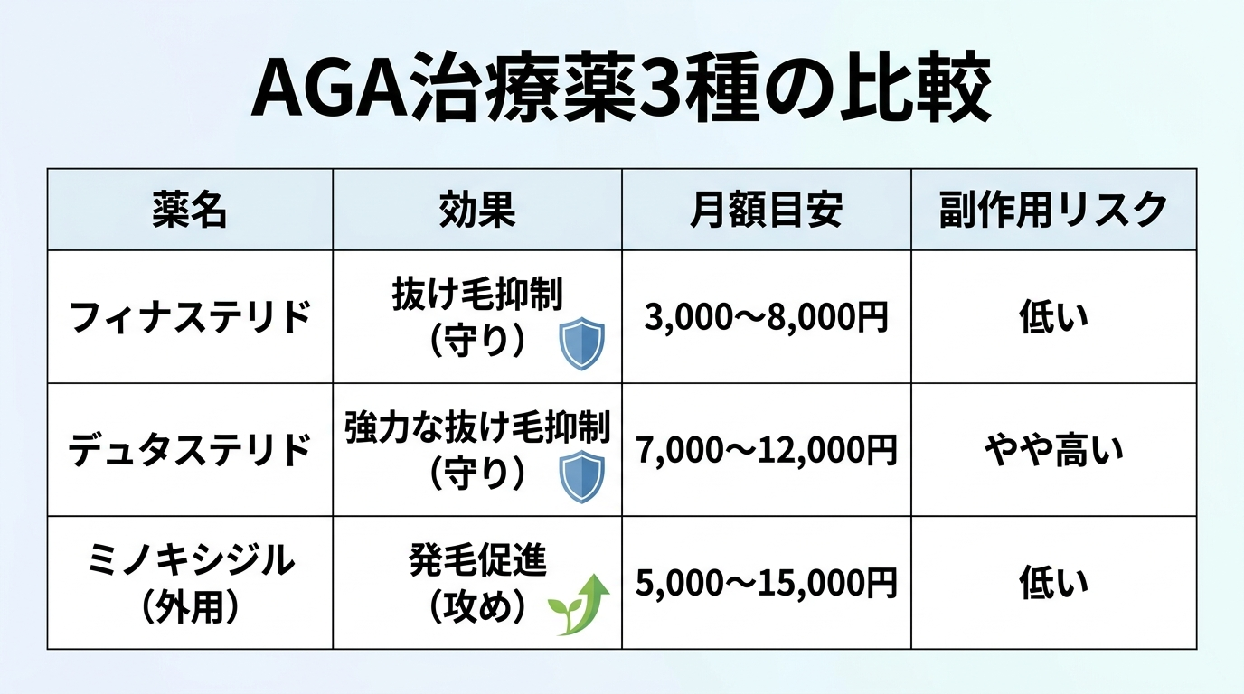 タイトル: AGA治療薬3種の比較。4列の表: ヘッダー行: 薬名 | 効果 | 月額目安 | 副作用リスク。行1: フィナステリド | 抜け毛抑制(守り) | 3,000〜8,000円 | 低い。行2: デュタステリド | 強力な抜け毛抑制(守り) | 7,000〜12,000円 | やや高い。行3: ミノキシジル(外用) | 発毛促進(攻め) | 5,000〜15,000円 | 低い