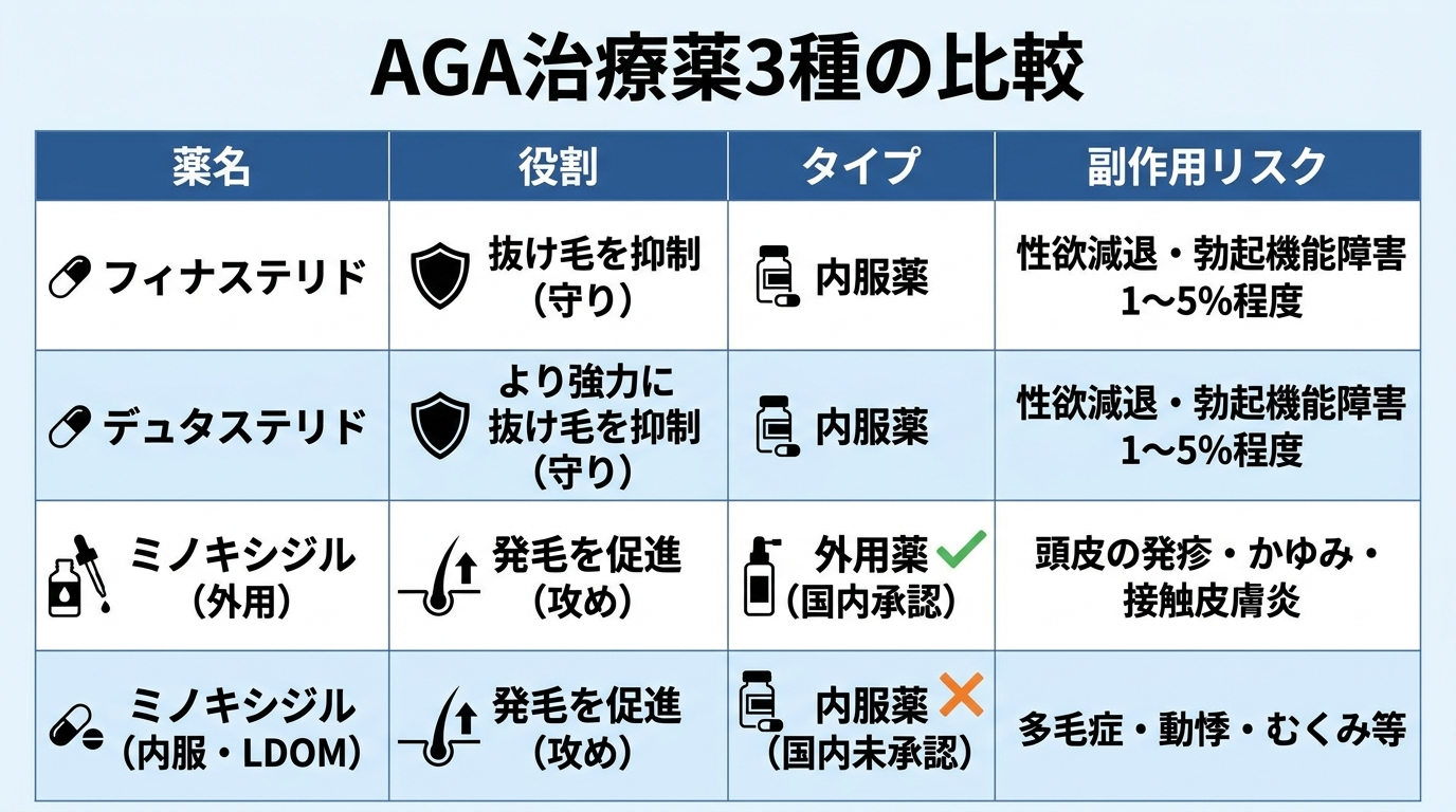 タイトル: AGA治療薬3種の比較。4列の表: ヘッダー行: 薬名 | 役割 | タイプ | 副作用リスク。行1: フィナステリド | 抜け毛を抑制(守り) | 内服薬 | 性欲減退・勃起機能障害 1〜5%程度。行2: デュタステリド | より強力に抜け毛を抑制(守り) | 内服薬 | 性欲減退・勃起機能障害 1〜5%程度。行3: ミノキシジル(外用) | 発毛を促進(攻め) | 外用薬(国内承認) | 頭皮の発疹・かゆみ・接触皮膚炎。行4: ミノキシジル(内服・LDOM) | 発毛を促進(攻め) | 内服薬(国内未承認) | 多毛症・動悸・むくみ等
