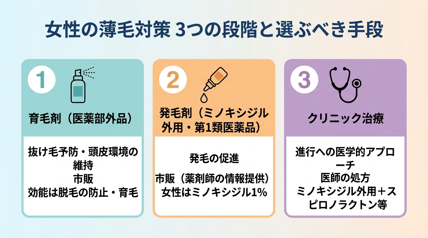 タイトル: 女性の薄毛対策 3つの段階と選ぶべき手段。横並び3カードで: カード1(スプレーボトルのアイコン)ヘッダー: 育毛剤(医薬部外品)、説明: 抜け毛予防・頭皮環境の維持。市販。効能は脱毛の防止・育毛。カード2(点眼容器のアイコン)ヘッダー: 発毛剤(ミノキシジル外用・第1類医薬品)、説明: 発毛の促進。市販(薬剤師の情報提供)。女性はミノキシジル1%。カード3(聴診器のアイコン)ヘッダー: クリニック治療、説明: 進行への医学的アプローチ。医師の処方。ミノキシジル外用+スピロノラクトン等