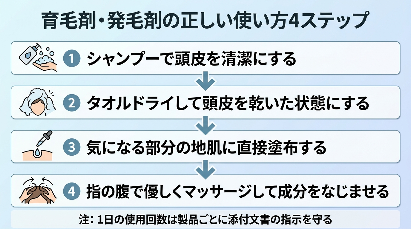 タイトル: 育毛剤・発毛剤の正しい使い方4ステップ。縦並びフロー図: ステップ1（シャンプーのアイコン）シャンプーで頭皮を清潔にする。ステップ2（タオルのアイコン）タオルドライして頭皮を乾いた状態にする。ステップ3（ボトルのアイコン）気になる部分の地肌に直接塗布する。ステップ4（手のアイコン）指の腹で優しくマッサージして成分をなじませる。下部に注記: 1日の使用回数は製品ごとに添付文書の指示を守る