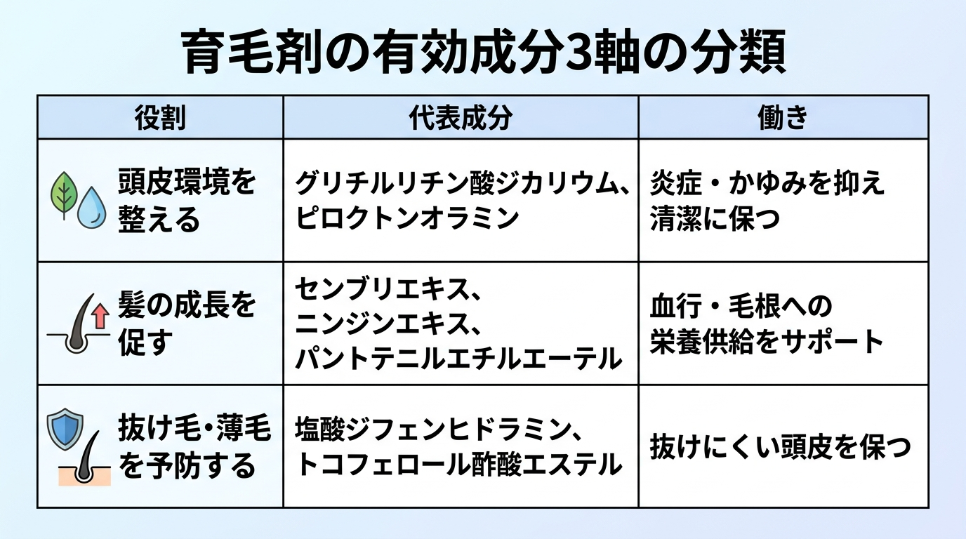 タイトル: 育毛剤の有効成分3軸の分類。3列の表: ヘッダー行: 役割 | 代表成分 | 働き。行1: 頭皮環境を整える | グリチルリチン酸ジカリウム、ピロクトンオラミン | 炎症・かゆみを抑え清潔に保つ。行2: 髪の成長を促す | センブリエキス、ニンジンエキス、パントテニルエチルエーテル | 血行・毛根への栄養供給をサポート。行3: 抜け毛・薄毛を予防する | 塩酸ジフェンヒドラミン、トコフェロール酢酸エステル | 抜けにくい頭皮を保つ