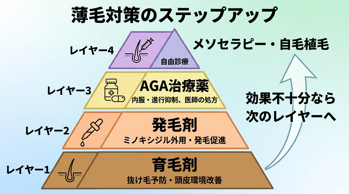 タイトル: 薄毛対策のステップアップ。ピラミッド図で下から上へ4段階: レイヤー1（土台）育毛剤（抜け毛予防・頭皮環境改善）、レイヤー2 発毛剤（ミノキシジル外用・発毛促進）、レイヤー3 AGA治療薬（内服・進行抑制、医師の処方）、レイヤー4（最上部）メソセラピー・自毛植毛（自由診療）。右に矢印で「効果不十分なら次のレイヤーへ」