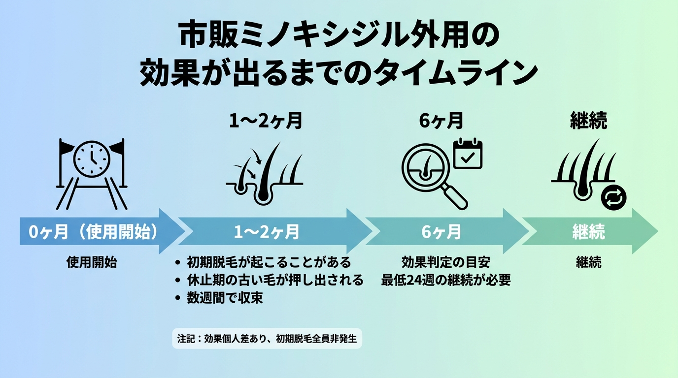 タイトル: 市販ミノキシジル外用の効果が出るまでのタイムライン。横長の時系列図で: 0ヶ月（使用開始）→ 1〜2ヶ月（初期脱毛が起こることがある。休止期の古い毛が押し出される。数週間で収束）→ 6ヶ月（効果判定の目安。最低24週の継続が必要）→ 継続。注記: 効果には個人差があり、初期脱毛は全員に起こるわけではない。