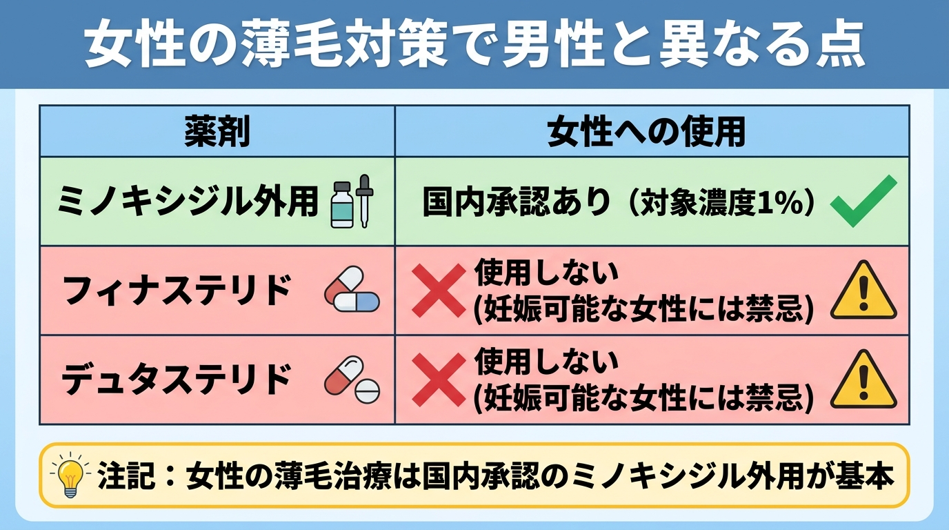 タイトル: 女性の薄毛対策で男性と異なる点。2列の表: ヘッダー行: 薬剤 | 女性への使用。行1: ミノキシジル外用 | 国内承認あり（対象濃度1%）。行2: フィナステリド | 使用しない（妊娠可能な女性には禁忌）。行3: デュタステリド | 使用しない（妊娠可能な女性には禁忌）。注記: 女性の薄毛治療は国内承認のミノキシジル外用が基本