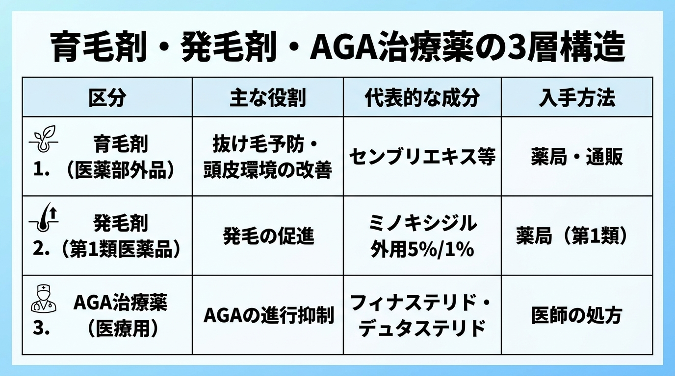 タイトル: 育毛剤・発毛剤・AGA治療薬の3層構造。4列の表: ヘッダー行: 区分 | 主な役割 | 代表的な成分 | 入手方法。行1: 育毛剤（医薬部外品） | 抜け毛予防・頭皮環境の改善 | センブリエキス等 | 薬局・通販。行2: 発毛剤（第1類医薬品） | 発毛の促進 | ミノキシジル外用5%/1% | 薬局（第1類）。行3: AGA治療薬（医療用） | AGAの進行抑制 | フィナステリド・デュタステリド | 医師の処方