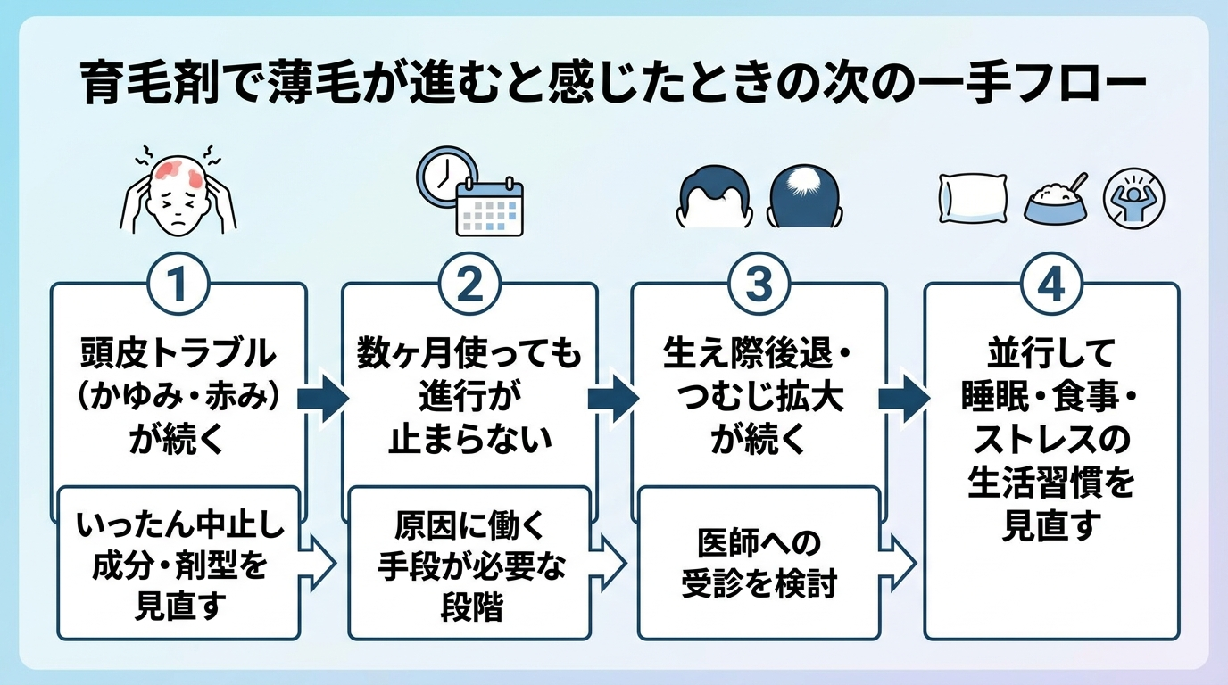 タイトル: 育毛剤で薄毛が進むと感じたときの次の一手フロー。縦型フローチャート。ステップ1: 頭皮トラブル（かゆみ・赤み）が続く→いったん中止し成分・剤型を見直す。ステップ2: 数ヶ月使っても進行が止まらない→原因に働く手段が必要な段階。ステップ3: 生え際後退・つむじ拡大が続く→医師への受診を検討。ステップ4: 並行して睡眠・食事・ストレスの生活習慣を見直す