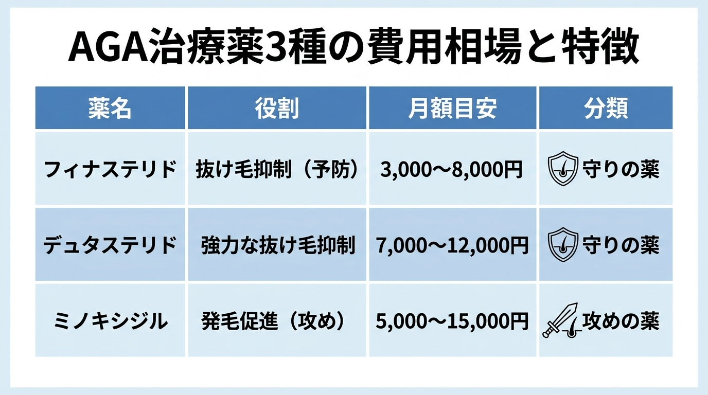 タイトル: AGA治療薬3種の費用相場と特徴。4列の表: ヘッダー行: 薬名 | 役割 | 月額目安 | 分類。行1: フィナステリド | 抜け毛抑制(予防) | 3,000〜8,000円 | 守りの薬。行2: デュタステリド | 強力な抜け毛抑制 | 7,000〜12,000円 | 守りの薬。行3: ミノキシジル | 発毛促進(攻め) | 5,000〜15,000円 | 攻めの薬