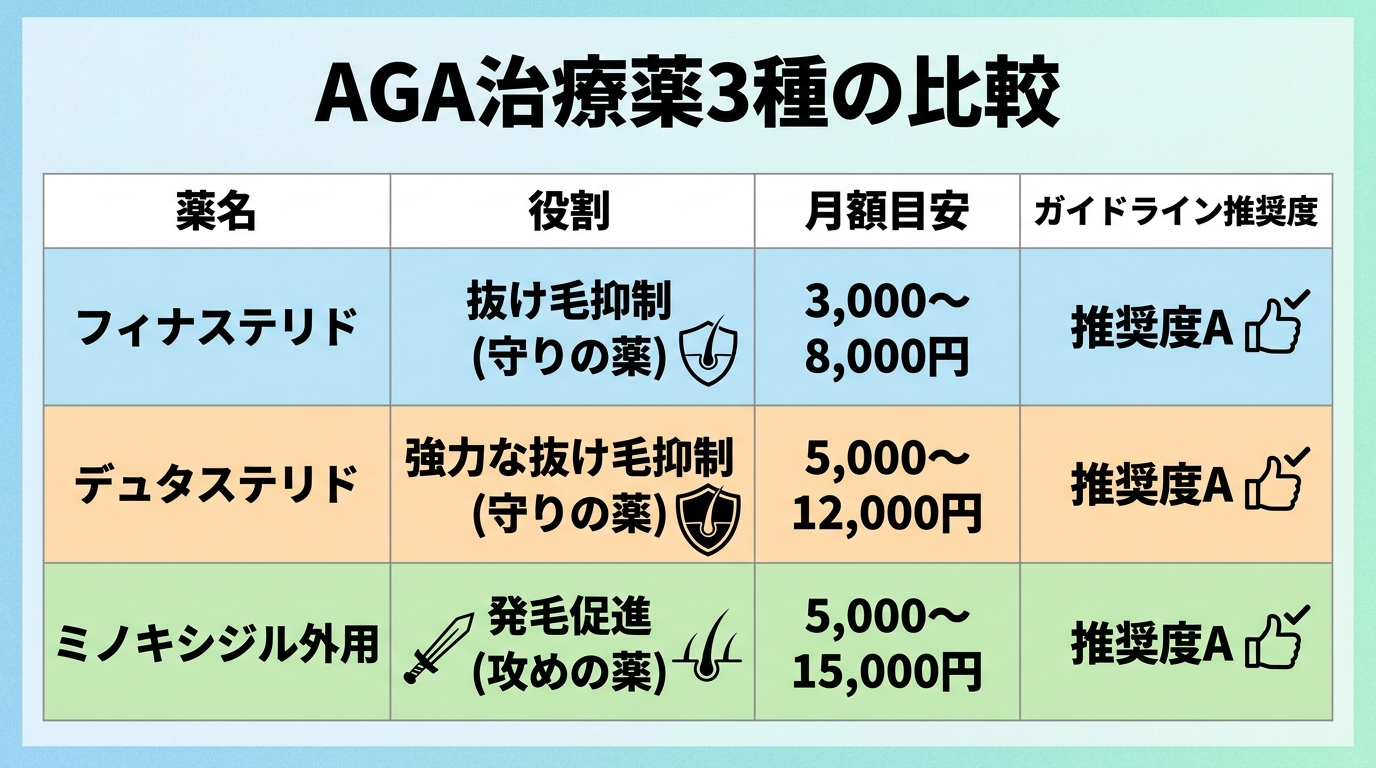タイトル: AGA治療薬3種の比較。4列の表。ヘッダー行: 薬名 | 役割 | 月額目安 | ガイドライン推奨度。行1: フィナステリド | 抜け毛抑制(守りの薬)| 3,000〜8,000円 | 推奨度A。行2: デュタステリド | 強力な抜け毛抑制(守りの薬)| 5,000〜12,000円 | 推奨度A。行3: ミノキシジル外用 | 発毛促進(攻めの薬)| 5,000〜15,000円 | 推奨度A