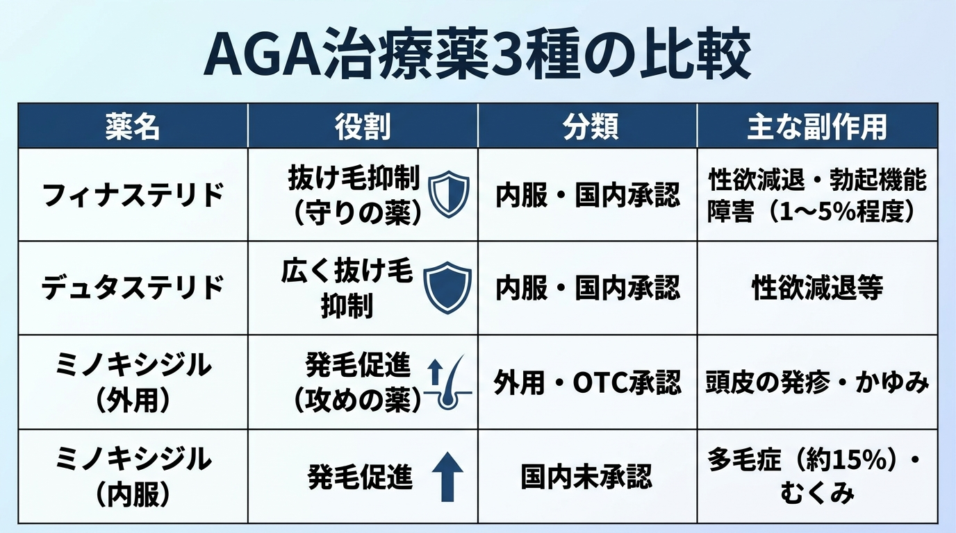 タイトル: AGA治療薬3種の比較。4列の表: ヘッダー行: 薬名 | 役割 | 分類 | 主な副作用。行1: フィナステリド | 抜け毛を抑制する(守りの薬) | 内服・国内承認 | 性欲減退・勃起機能障害(1〜5%程度)。行2: デュタステリド | 広く抜け毛を抑制する | 内服・国内承認 | 性欲減退等。行3: ミノキシジル(外用) | 発毛を促す(攻めの薬) | 外用・OTC承認 | 頭皮の発疹・かゆみ。行4: ミノキシジル(内服) | 発毛を促す | 国内未承認 | 多毛症(約15%)・むくみ