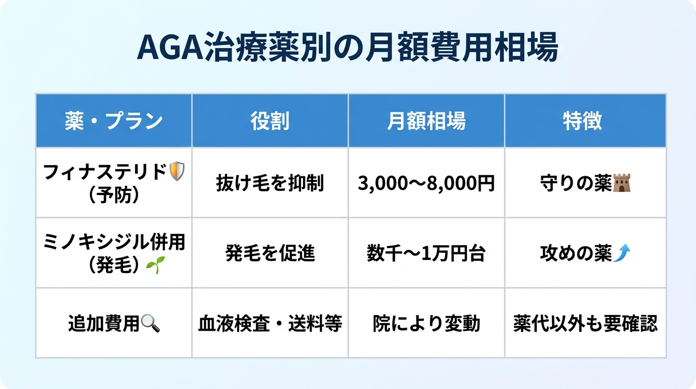 タイトル: AGA治療薬別の月額費用相場。4列の表: ヘッダー行: 薬・プラン | 役割 | 月額相場 | 特徴。行1: フィナステリド(予防) | 抜け毛を抑制 | 3,000〜8,000円 | 守りの薬。行2: ミノキシジル併用(発毛) | 発毛を促進 | 数千〜1万円台 | 攻めの薬。行3: 追加費用 | 血液検査・送料等 | 院により変動 | 薬代以外も要確認