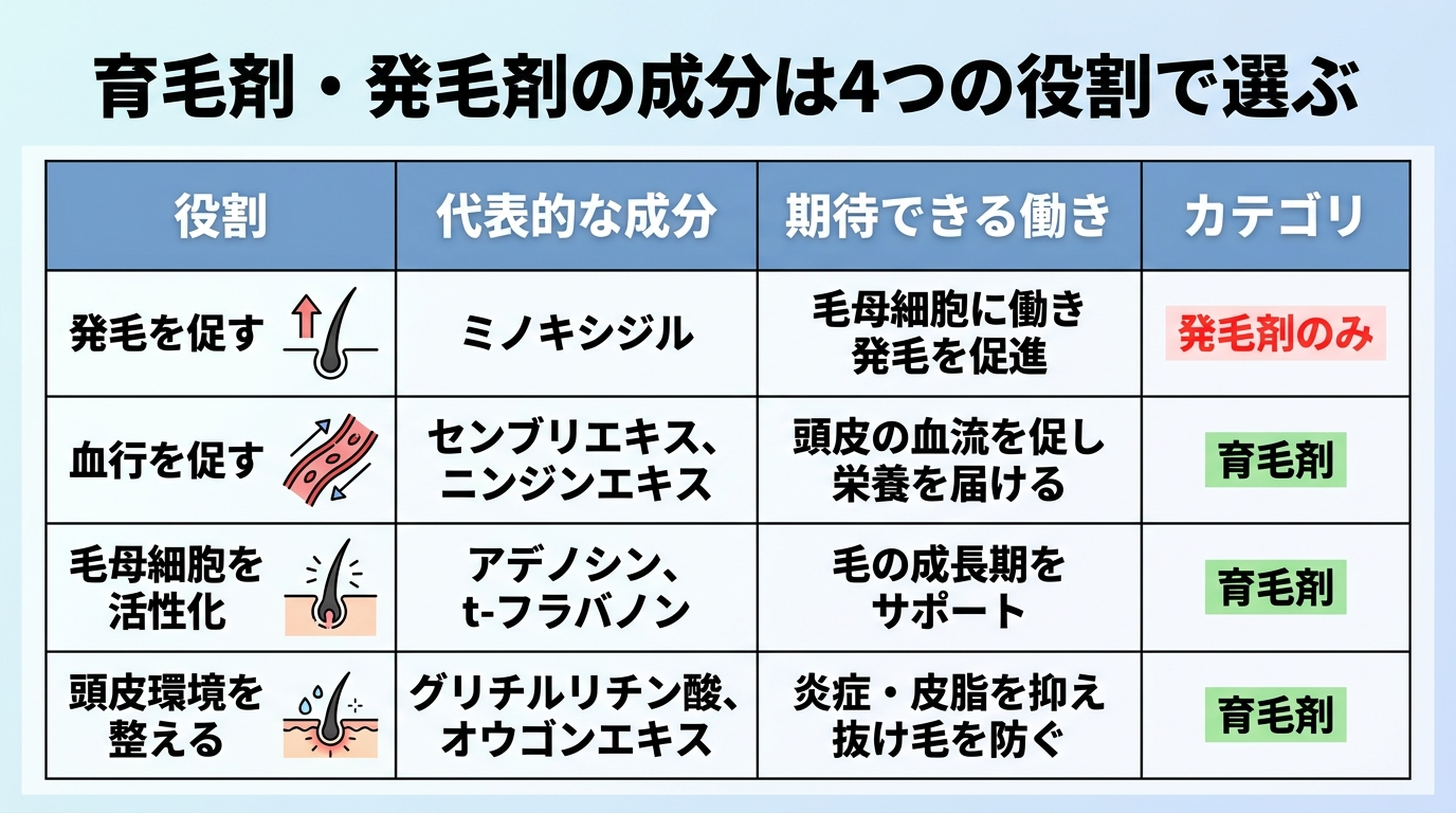 タイトル: 育毛剤・発毛剤の成分は4つの役割で選ぶ。4列の表: ヘッダー行: 役割 | 代表的な成分 | 期待できる働き | カテゴリ。行1: 発毛を促す | ミノキシジル | 毛母細胞に働き発毛を促進 | 発毛剤のみ。行2: 血行を促す | センブリエキス、ニンジンエキス | 頭皮の血流を促し栄養を届ける | 育毛剤。行3: 毛母細胞を活性化 | アデノシン、t-フラバノン | 毛の成長期をサポート | 育毛剤。行4: 頭皮環境を整える | グリチルリチン酸、オウゴンエキス | 炎症・皮脂を抑え抜け毛を防ぐ | 育毛剤