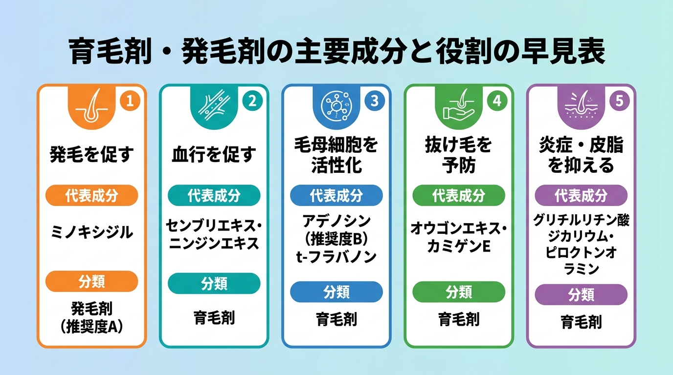 タイトル: 育毛剤・発毛剤の主要成分と役割の早見表。5列のカード型または表: 役割 | 代表成分 | 分類。カード1: 発毛を促す | ミノキシジル | 発毛剤（推奨度A）。カード2: 血行を促す | センブリエキス・ニンジンエキス | 育毛剤。カード3: 毛母細胞を活性化 | アデノシン（推奨度B）・t-フラバノン | 育毛剤。カード4: 抜け毛を予防 | オウゴンエキス・カミゲンE | 育毛剤。カード5: 炎症・皮脂を抑える | グリチルリチン酸ジカリウム・ピロクトンオラミン | 育毛剤