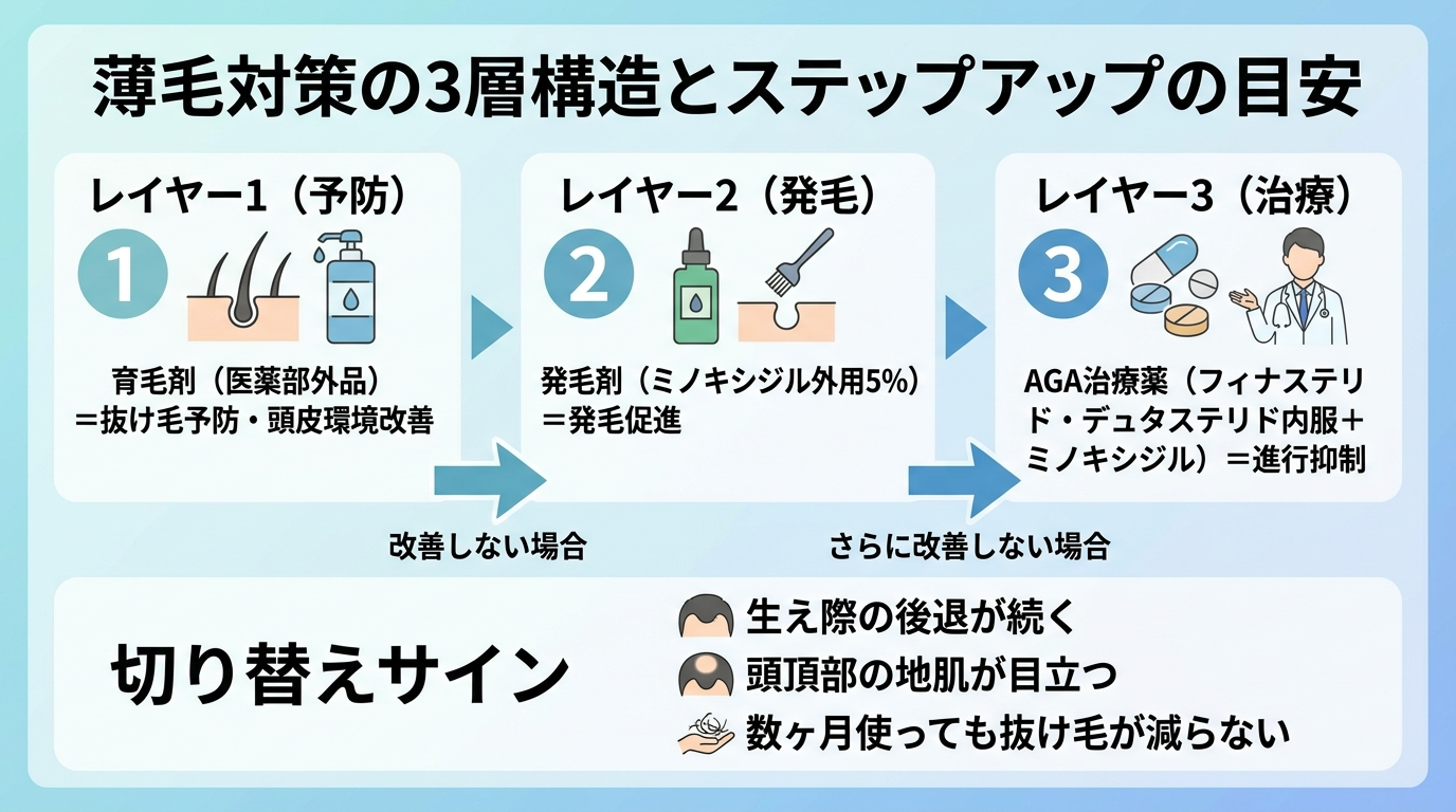 タイトル: 薄毛対策の3層構造とステップアップの目安。フロー図: レイヤー1（予防）育毛剤（医薬部外品）＝抜け毛予防・頭皮環境改善 → 改善しない場合 → レイヤー2（発毛）発毛剤（ミノキシジル外用5%）＝発毛促進 → さらに改善しない場合 → レイヤー3（治療）AGA治療薬（フィナステリド・デュタステリド内服＋ミノキシジル）＝進行抑制。切り替えサイン: 生え際の後退が続く／頭頂部の地肌が目立つ／数ヶ月使っても抜け毛が減らない