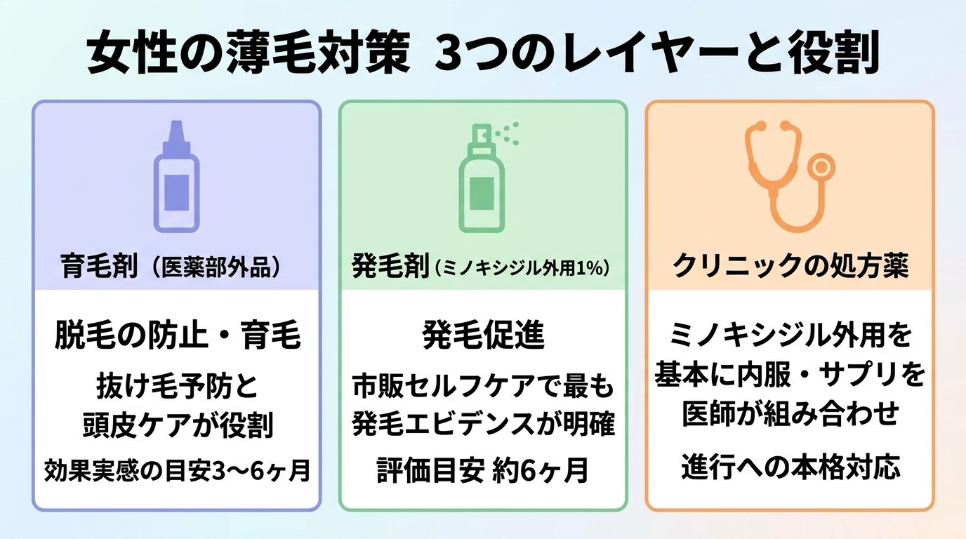 タイトル: 女性の薄毛対策 3つのレイヤーと役割。横並び3カードで: カード1（ボトルのアイコン）ヘッダー: 育毛剤（医薬部外品）、説明: 脱毛の防止・育毛。抜け毛予防と頭皮ケアが役割。効果実感の目安3〜6ヶ月。カード2（スプレーのアイコン）ヘッダー: 発毛剤（ミノキシジル外用1%）、説明: 発毛促進。市販セルフケアで最も発毛エビデンスが明確。評価目安 約6ヶ月。カード3（聴診器のアイコン）ヘッダー: クリニックの処方薬、説明: ミノキシジル外用を基本に内服・サプリを医師が組み合わせ。進行への本格対応。