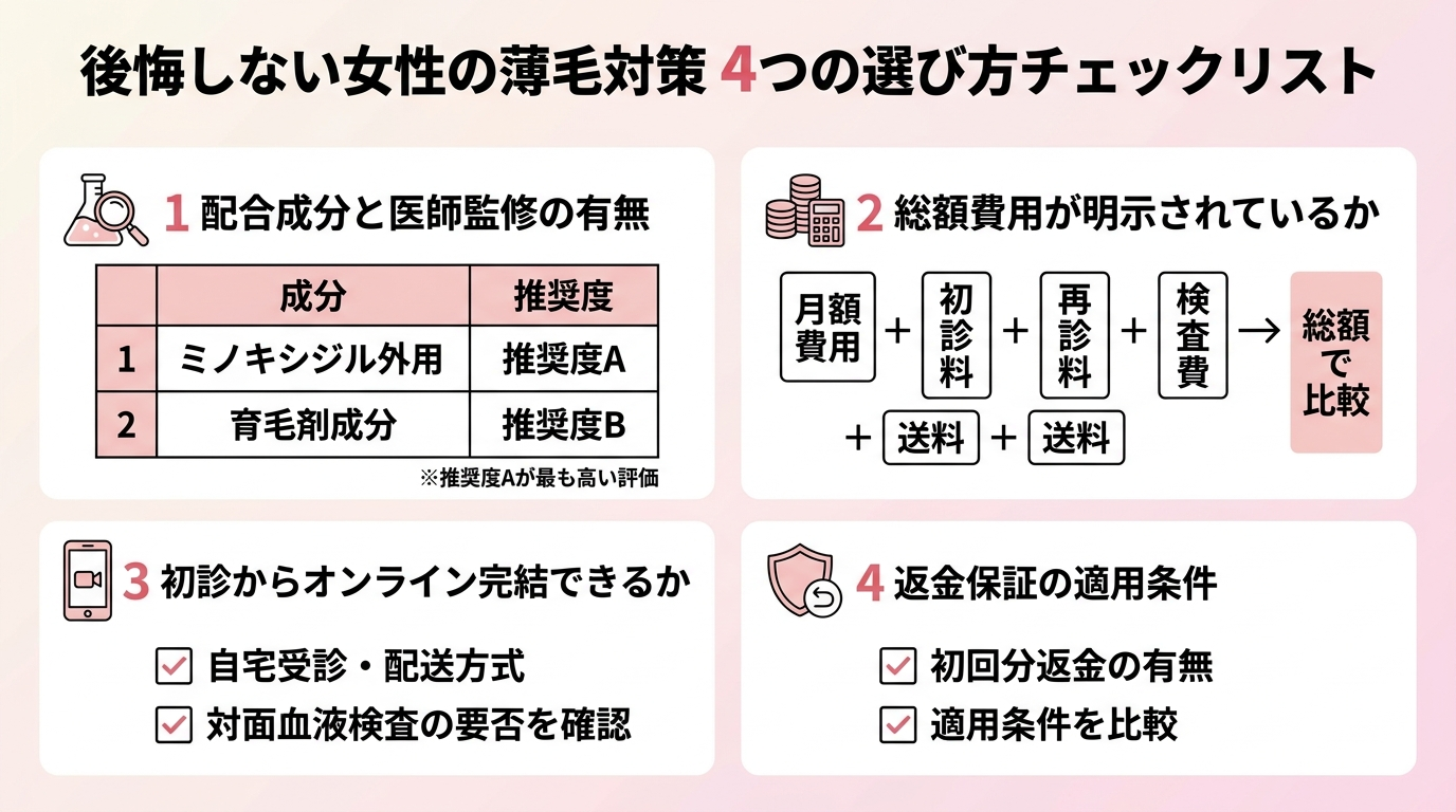 タイトル: 後悔しない女性の薄毛対策 4つの選び方チェックリスト。縦並び4項目のチェックリスト形式で: 項目1: 配合成分と医師監修の有無（ミノキシジル外用は推奨度A、育毛剤成分は最高でB）。項目2: 総額費用が明示されているか（月額+初診料+再診料+検査費+送料の総額で比較）。項目3: 初診からオンライン完結できるか（自宅受診・配送方式、対面血液検査の要否を確認）。項目4: 返金保証の適用条件（初回分返金の有無と条件を比較）。