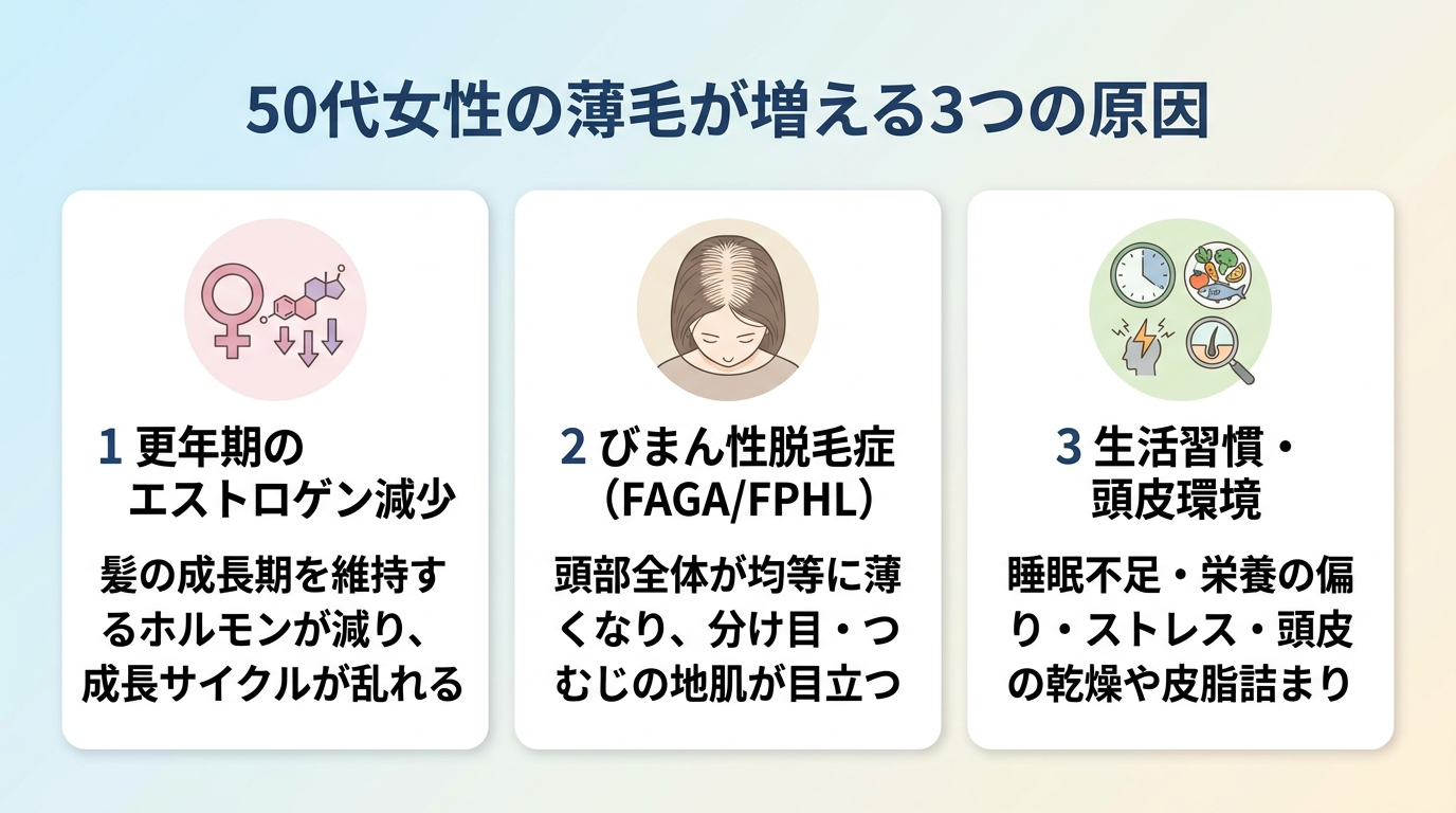 タイトル: 50代女性の薄毛が増える3つの原因。横並び3カードで: カード1（ホルモンのアイコン）ヘッダー: 更年期のエストロゲン減少、説明: 髪の成長期を維持するホルモンが減り、成長サイクルが乱れる。カード2（頭部全体のアイコン）ヘッダー: びまん性脱毛症（FAGA/FPHL）、説明: 頭部全体が均等に薄くなり、分け目・つむじの地肌が目立つ。カード3（生活のアイコン）ヘッダー: 生活習慣・頭皮環境、説明: 睡眠不足・栄養の偏り・ストレス・頭皮の乾燥や皮脂詰まり
