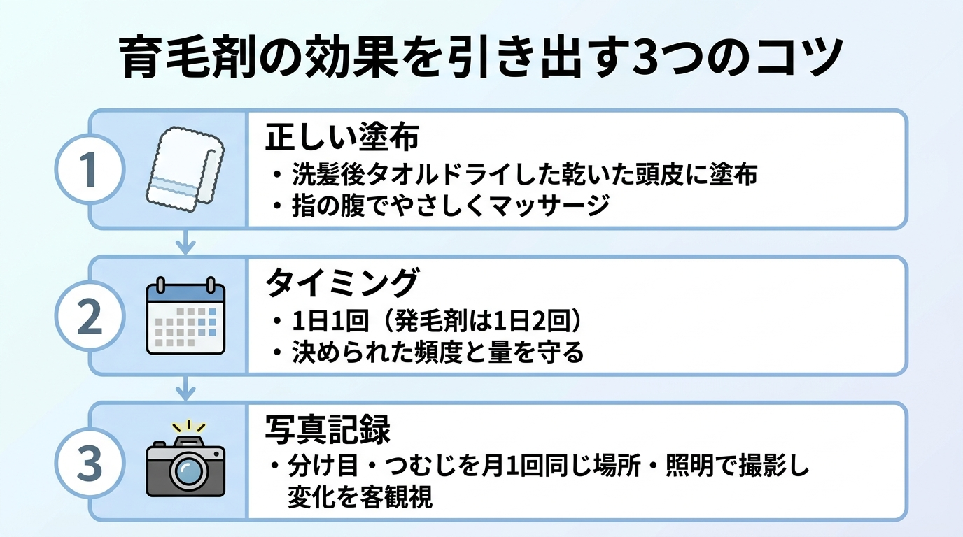 タイトル: 育毛剤の効果を引き出す3つのコツ。縦並び3ステップのフロー図で: ステップ1（タオルのアイコン）正しい塗布：洗髪後タオルドライした乾いた頭皮に塗布、指の腹でやさしくマッサージ。ステップ2（カレンダーのアイコン）タイミング：1日1回（発毛剤は1日2回）、決められた頻度と量を守る。ステップ3（カメラのアイコン）写真記録：分け目・つむじを月1回同じ場所・照明で撮影し変化を客観視