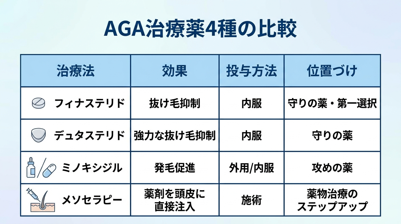 タイトル: AGA治療薬4種の比較。4列の表: ヘッダー行: 治療法 | 効果 | 投与方法 | 位置づけ。行1: フィナステリド | 抜け毛抑制 | 内服 | 守りの薬・第一選択。行2: デュタステリド | 強力な抜け毛抑制 | 内服 | 守りの薬。行3: ミノキシジル | 発毛促進 | 外用/内服 | 攻めの薬。行4: メソセラピー | 薬剤を頭皮に直接注入 | 施術 | 薬物治療のステップアップ