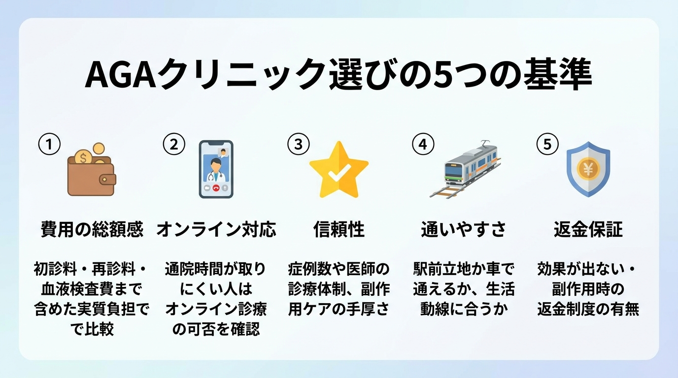 タイトル: AGAクリニック選びの5つの基準。縦並び5項目のチェックリスト図で: 項目1(財布のアイコン)費用の総額感: 初診料・再診料・血液検査費まで含めた実質負担で比較。項目2(スマホのアイコン)オンライン対応: 通院時間が取りにくい人はオンライン診療の可否を確認。項目3(星のアイコン)信頼性: 症例数や医師の診療体制、副作用ケアの手厚さ。項目4(電車のアイコン)通いやすさ: 駅前立地か車で通えるか、生活動線に合うか。項目5(盾のアイコン)返金保証: 効果が出ない・副作用時の返金制度の有無