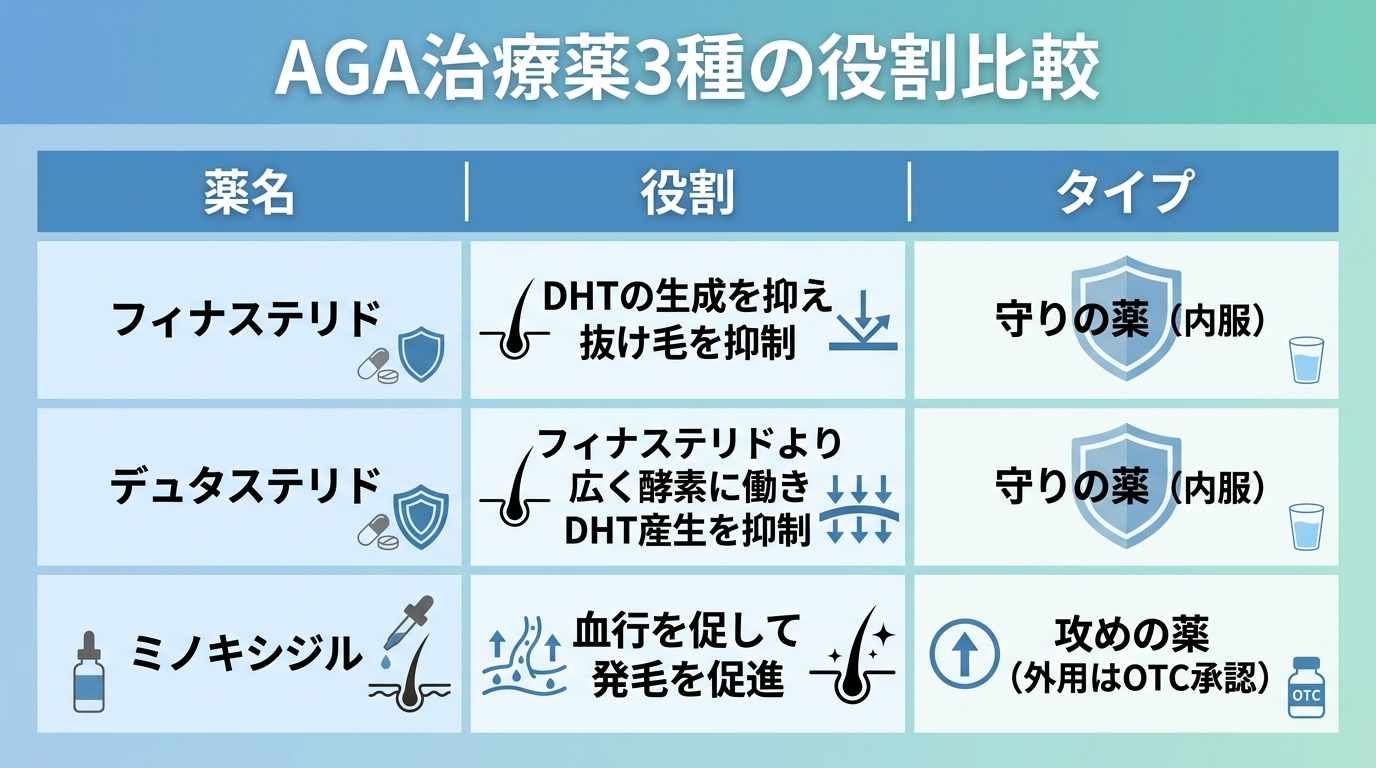 タイトル: AGA治療薬3種の役割比較。3列の比較表で: ヘッダー行: 薬名 | 役割 | タイプ。行1: フィナステリド | DHTの生成を抑え抜け毛を抑制 | 守りの薬(内服)。行2: デュタステリド | フィナステリドより広く酵素に働きDHT産生を抑制 | 守りの薬(内服)。行3: ミノキシジル | 血行を促して発毛を促進 | 攻めの薬(外用はOTC承認)