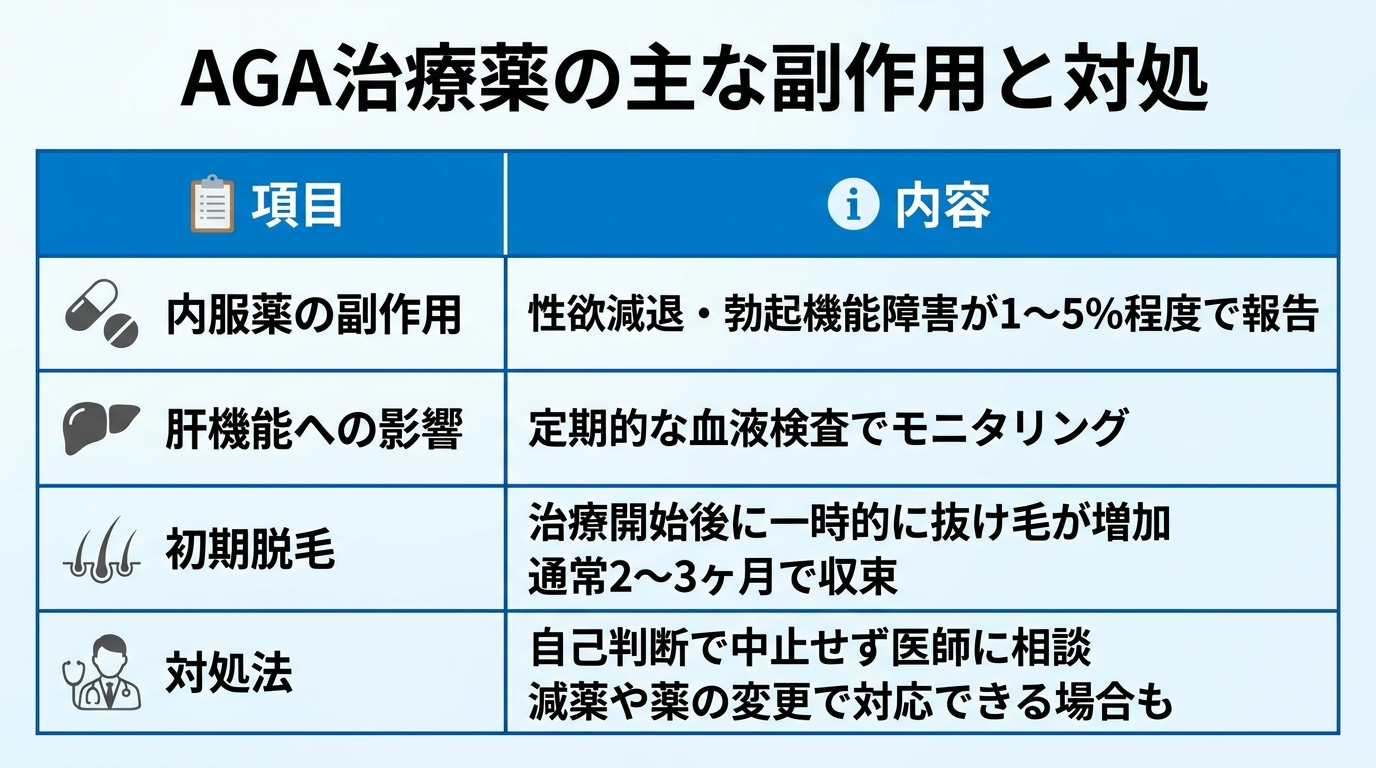 タイトル: AGA治療薬の主な副作用と対処。2列の表: ヘッダー行: 項目 | 内容。行1: 内服薬の副作用 | 性欲減退・勃起機能障害が1〜5%程度で報告。行2: 肝機能への影響 | 定期的な血液検査でモニタリング。行3: 初期脱毛 | 治療開始後に一時的に抜け毛が増加。通常2〜3ヶ月で収束。行4: 対処法 | 自己判断で中止せず医師に相談。減薬や薬の変更で対応できる場合も。