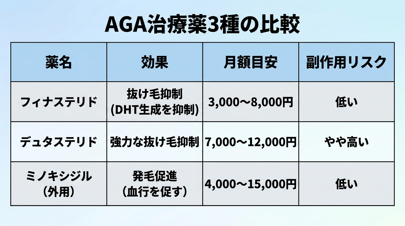タイトル: AGA治療薬3種の比較。4列の表: ヘッダー行: 薬名 | 効果 | 月額目安 | 副作用リスク。行1: フィナステリド | 抜け毛抑制(DHT生成を抑制) | 3,000〜8,000円 | 低い。行2: デュタステリド | 強力な抜け毛抑制 | 7,000〜12,000円 | やや高い。行3: ミノキシジル(外用) | 発毛促進(血行を促す) | 4,000〜15,000円 | 低い