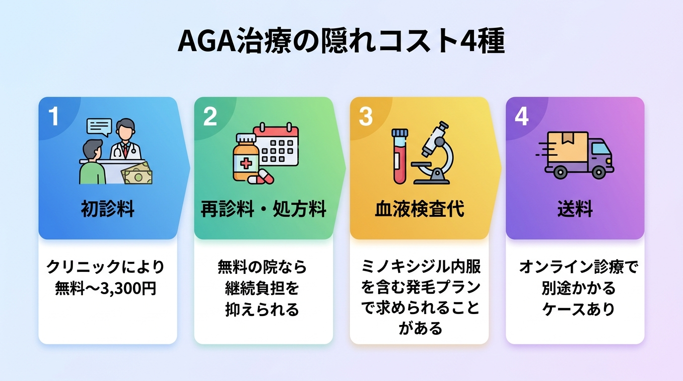 タイトル: AGA治療の隠れコスト4種。横並び4カードで: カード1: 初診料(クリニックにより無料〜3,300円)。カード2: 再診料・処方料(無料の院なら継続負担を抑えられる)。カード3: 血液検査代(ミノキシジル内服を含む発毛プランで求められることがある)。カード4: 送料(オンライン診療で別途かかるケースあり)。各カードにアイコンを付す。