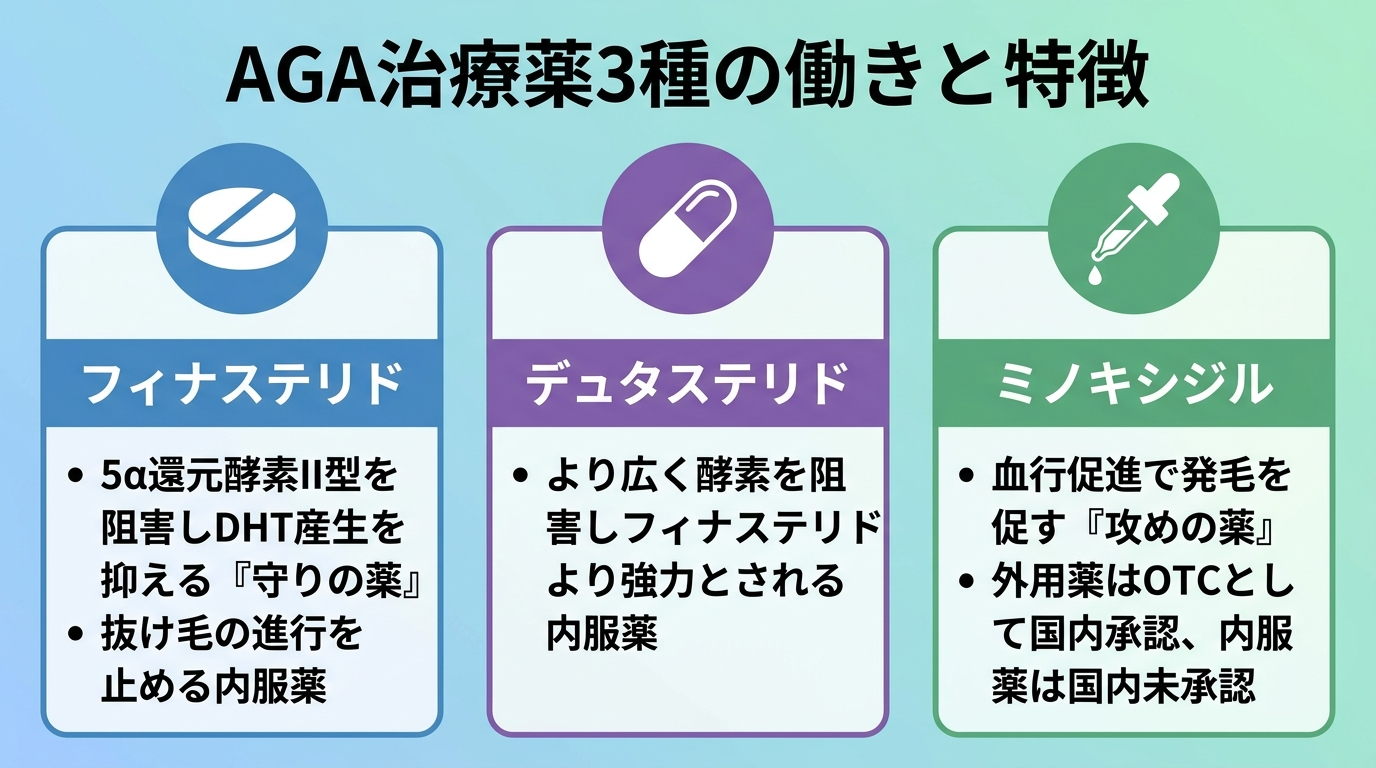 タイトル: AGA治療薬3種の働きと特徴。横並び3カードで: カード1(錠剤アイコン)ヘッダー: フィナステリド、説明: 5α還元酵素II型を阻害しDHT産生を抑える「守りの薬」。抜け毛の進行を止める内服薬。カード2(カプセルアイコン)ヘッダー: デュタステリド、説明: より広く酵素を阻害しフィナステリドより強力とされる内服薬。カード3(ボトルアイコン)ヘッダー: ミノキシジル、説明: 血行促進で発毛を促す「攻めの薬」。外用薬はOTCとして国内承認、内服薬は国内未承認。