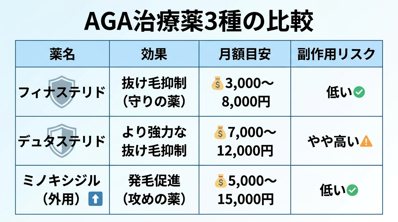 タイトル: AGA治療薬3種の比較。4列の表: ヘッダー行: 薬名 | 効果 | 月額目安 | 副作用リスク。行1: フィナステリド | 抜け毛抑制(守りの薬) | 3,000〜8,000円 | 低い。行2: デュタステリド | より強力な抜け毛抑制 | 7,000〜12,000円 | やや高い。行3: ミノキシジル(外用) | 発毛促進(攻めの薬) | 5,000〜15,000円 | 低い