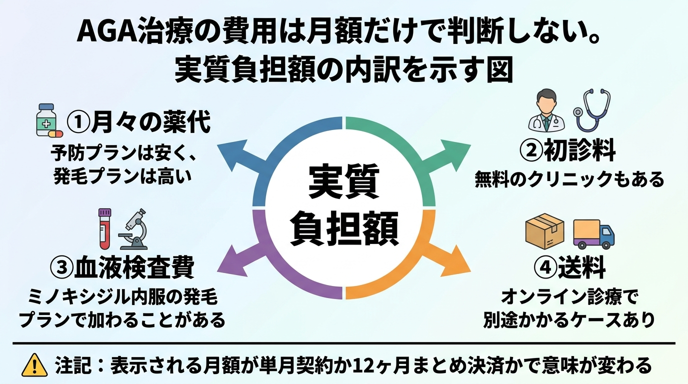 タイトル: AGA治療の費用は月額だけで判断しない。実質負担額の内訳を示す図。中央に大きく「実質負担額」、その周りに4つの要素を配置: ①月々の薬代(予防プランは安く、発毛プランは高い)②初診料(無料のクリニックもある)③血液検査費(ミノキシジル内服の発毛プランで加わることがある)④送料(オンライン診療で別途かかるケースあり)。下部に注記: 表示される月額が単月契約か12ヶ月まとめ決済かで意味が変わる。