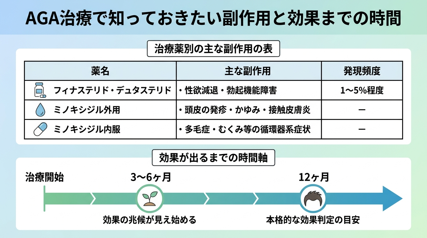 タイトル: AGA治療で知っておきたい副作用と効果までの時間。上段: 治療薬別の主な副作用の表。3列: 薬名 | 主な副作用 | 発現頻度。行1: フィナステリド・デュタステリド | 性欲減退・勃起機能障害 | 1〜5%程度。行2: ミノキシジル外用 | 頭皮の発疹・かゆみ・接触皮膚炎 | ー。行3: ミノキシジル内服 | 多毛症・むくみ等の循環器系症状 | ー。下段: 効果が出るまでの時間軸を横棒グラフで。3〜6ヶ月: 効果の兆候が見え始める。12ヶ月: 本格的な効果判定の目安。