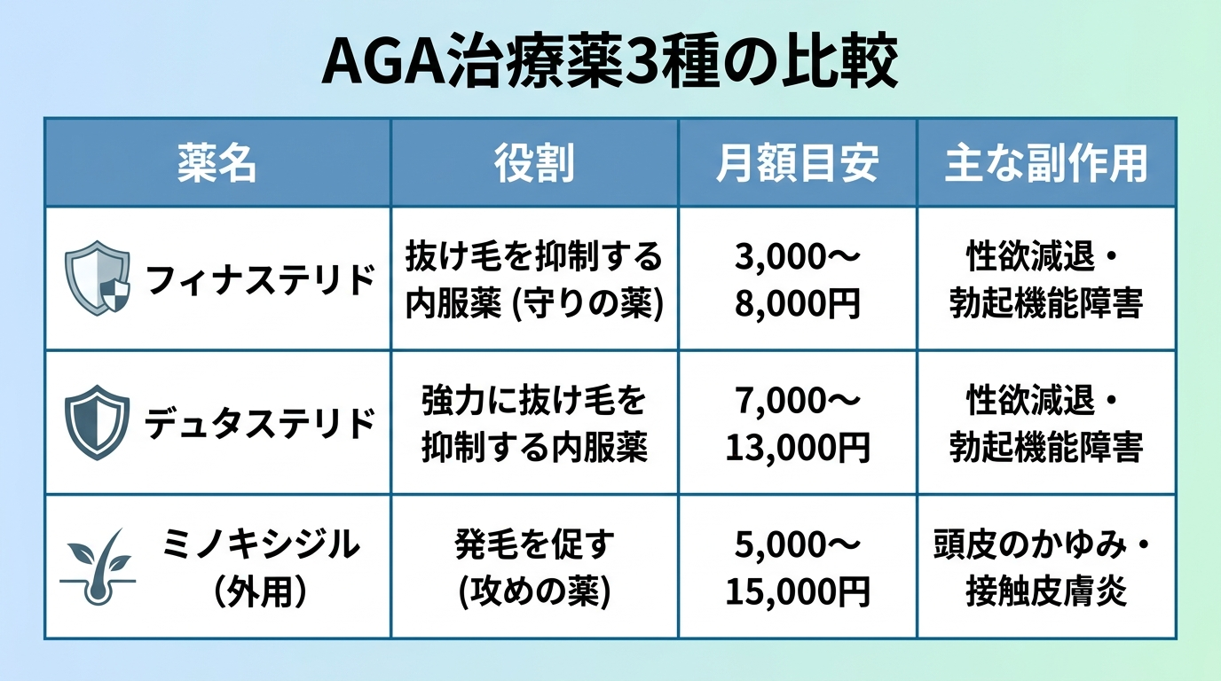 タイトル: AGA治療薬3種の比較。4列の表: ヘッダー行: 薬名 | 役割 | 月額目安 | 主な副作用。行1: フィナステリド | 抜け毛を抑制する内服薬(守りの薬) | 3,000〜8,000円 | 性欲減退・勃起機能障害。行2: デュタステリド | 強力に抜け毛を抑制する内服薬 | 7,000〜13,000円 | 性欲減退・勃起機能障害。行3: ミノキシジル(外用) | 発毛を促す(攻めの薬) | 5,000〜15,000円 | 頭皮のかゆみ・接触皮膚炎