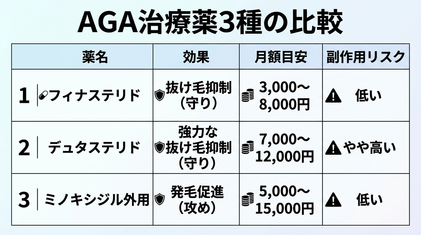 タイトル: AGA治療薬3種の比較。4列の表: ヘッダー行: 薬名 | 効果 | 月額目安 | 副作用リスク。行1: フィナステリド | 抜け毛抑制(守り) | 3,000〜8,000円 | 低い。行2: デュタステリド | 強力な抜け毛抑制(守り) | 7,000〜12,000円 | やや高い。行3: ミノキシジル外用 | 発毛促進(攻め) | 5,000〜15,000円 | 低い