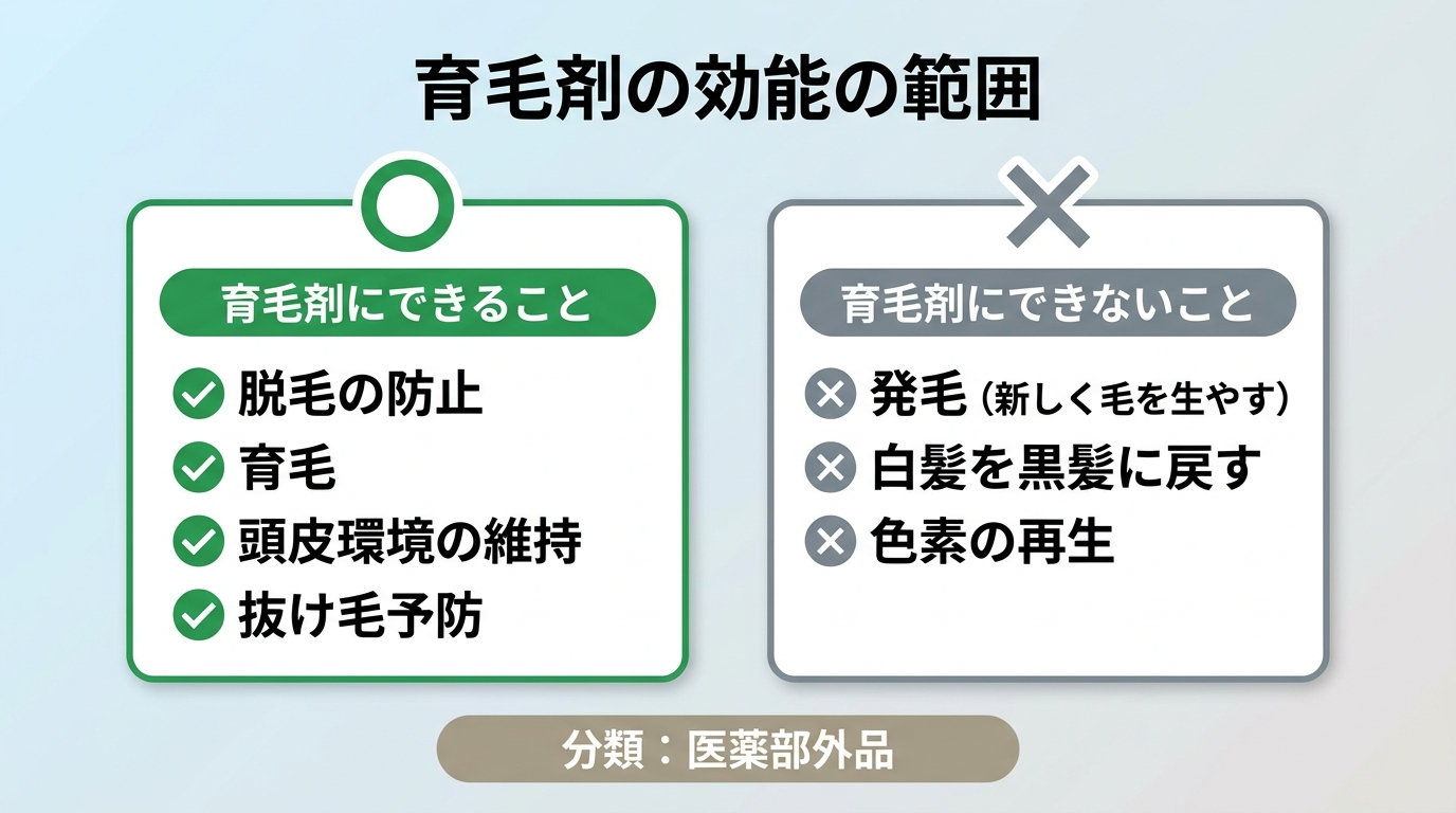 タイトル: 育毛剤の効能の範囲。横並び2カードで比較。カード1(○アイコン・緑)ヘッダー: 育毛剤にできること、説明: 脱毛の防止、育毛、頭皮環境の維持、抜け毛予防。カード2(×アイコン・グレー)ヘッダー: 育毛剤にできないこと、説明: 発毛(新しく毛を生やす)、白髪を黒髪に戻す、色素の再生。分類: 医薬部外品