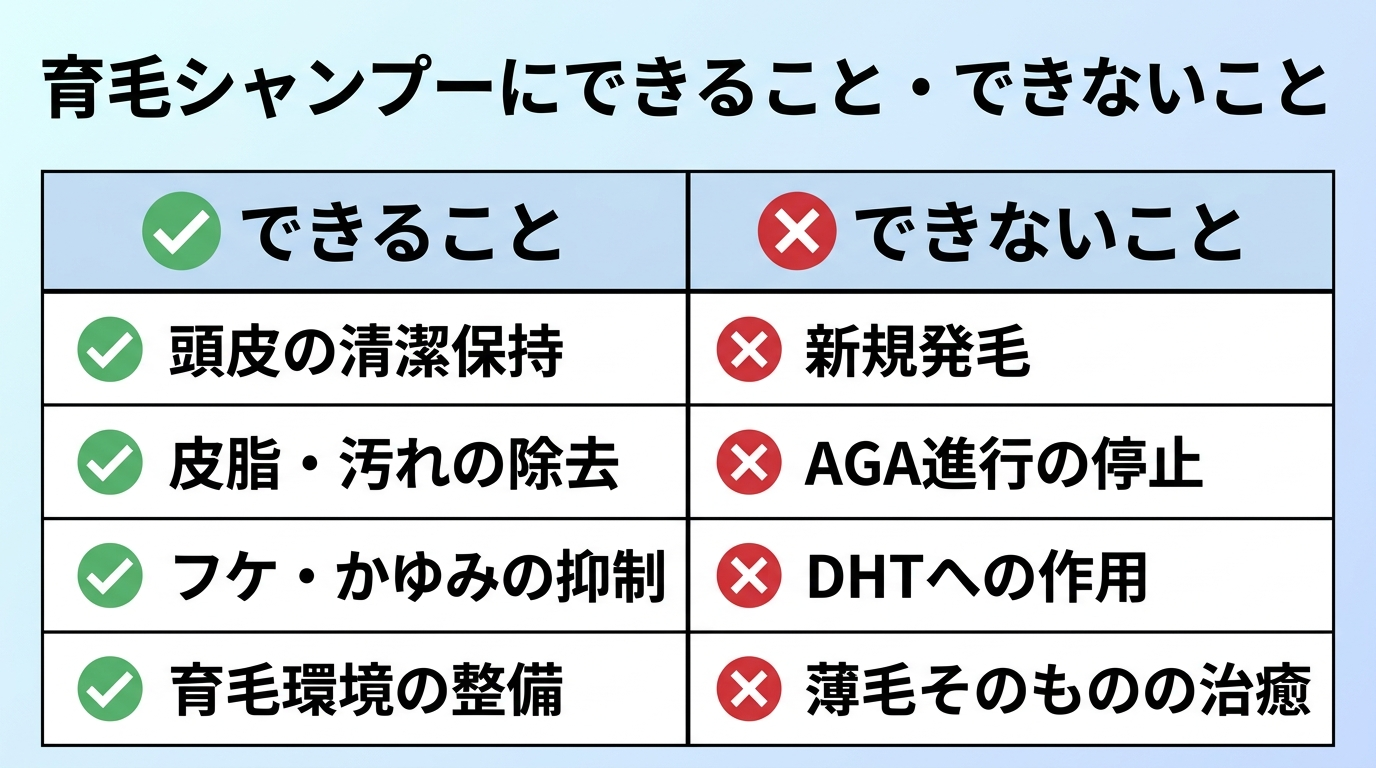 タイトル: 育毛シャンプーにできること・できないこと。2列の比較表: ヘッダー行: できること | できないこと。行1: 頭皮を清潔に保つ | 新しく毛を生やす（発毛）。行2: 皮脂・汚れを落とす | AGAの進行を止める。行3: フケ・かゆみを抑える | DHTに働きかける。行4: 髪が育ちやすい環境を整える | 薄毛そのものを治す