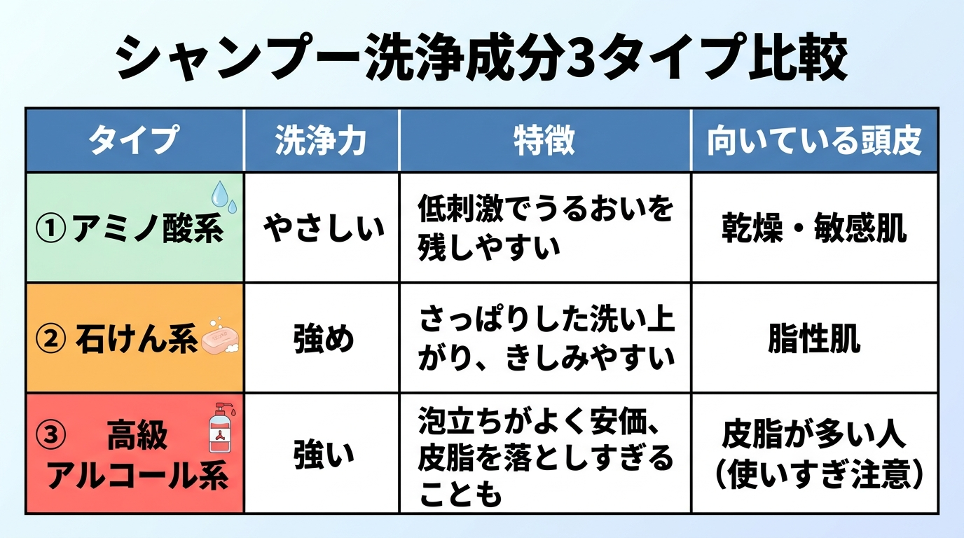 タイトル: シャンプー洗浄成分3タイプ比較。4列の表: ヘッダー行: タイプ | 洗浄力 | 特徴 | 向いている頭皮。行1: アミノ酸系 | やさしい | 低刺激でうるおいを残しやすい | 乾燥・敏感肌。行2: 石けん系 | 強め | さっぱりした洗い上がり、きしみやすい | 脂性肌。行3: 高級アルコール系 | 強い | 泡立ちがよく安価、皮脂を落としすぎることも | 皮脂が多い人（使いすぎ注意）
