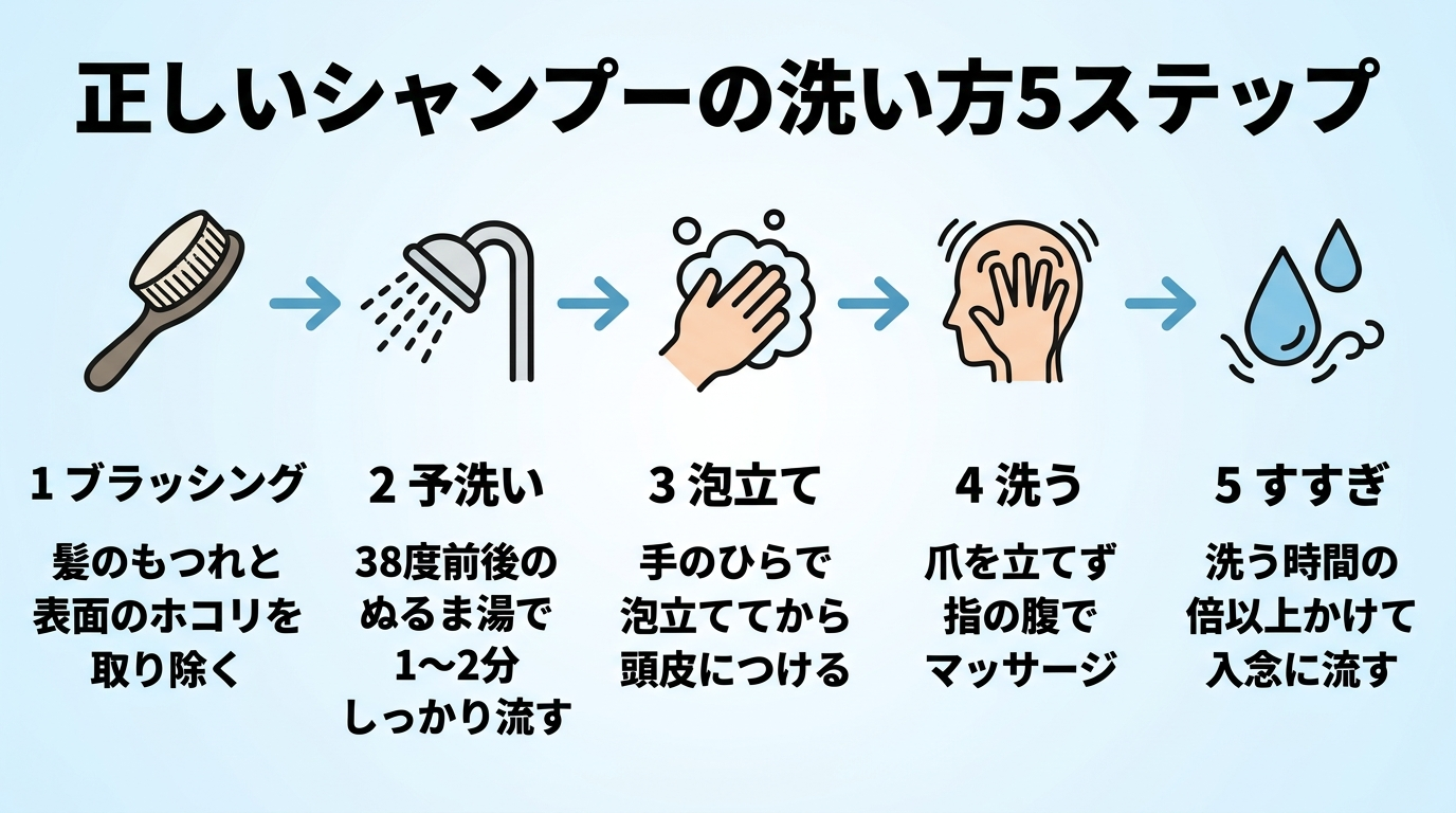 タイトル: 正しいシャンプーの洗い方5ステップ。縦並びフロー図: ステップ1（ブラシのアイコン）ブラッシング：髪のもつれと表面のホコリを取り除く。ステップ2（シャワーのアイコン）予洗い：38度前後のぬるま湯で1〜2分しっかり流す。ステップ3（泡のアイコン）泡立て：手のひらで泡立ててから頭皮につける。ステップ4（指のアイコン）洗う：爪を立てず指の腹でマッサージ。ステップ5（水滴のアイコン）すすぎ：洗う時間の倍以上かけて入念に流す