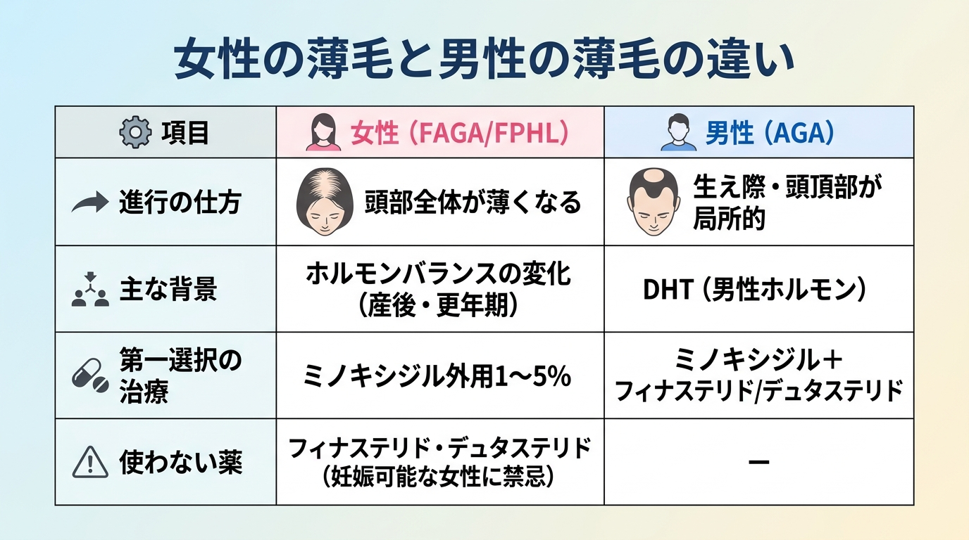 タイトル: 女性の薄毛と男性の薄毛の違い。3列の比較表: ヘッダー行: 項目 | 女性（FAGA/FPHL） | 男性（AGA）。行1: 進行の仕方 | 頭部全体が薄くなる | 生え際・頭頂部が局所的。行2: 主な背景 | ホルモンバランスの変化（産後・更年期） | DHT（男性ホルモン）。行3: 第一選択の治療 | ミノキシジル外用1〜5% | ミノキシジル＋フィナステリド/デュタステリド。行4: 使わない薬 | フィナステリド・デュタステリド（妊娠可能な女性に禁忌） | ー