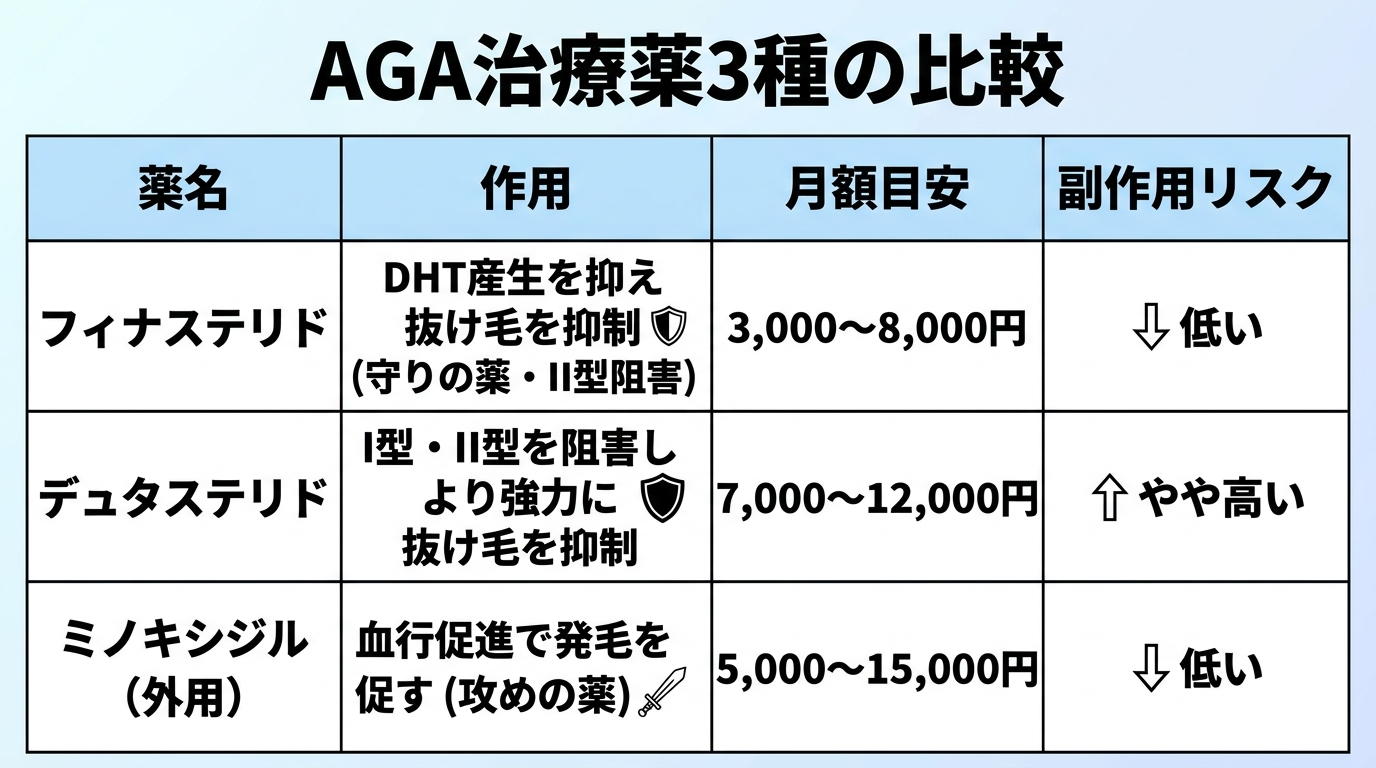 タイトル: AGA治療薬3種の比較。4列の表。ヘッダー行: 薬名 | 作用 | 月額目安 | 副作用リスク。行1: フィナステリド | DHT産生を抑え抜け毛を抑制(守りの薬・II型阻害) | 3,000〜8,000円 | 低い。行2: デュタステリド | I型・II型を阻害しより強力に抜け毛を抑制 | 7,000〜12,000円 | やや高い。行3: ミノキシジル(外用) | 血行促進で発毛を促す(攻めの薬) | 5,000〜15,000円 | 低い