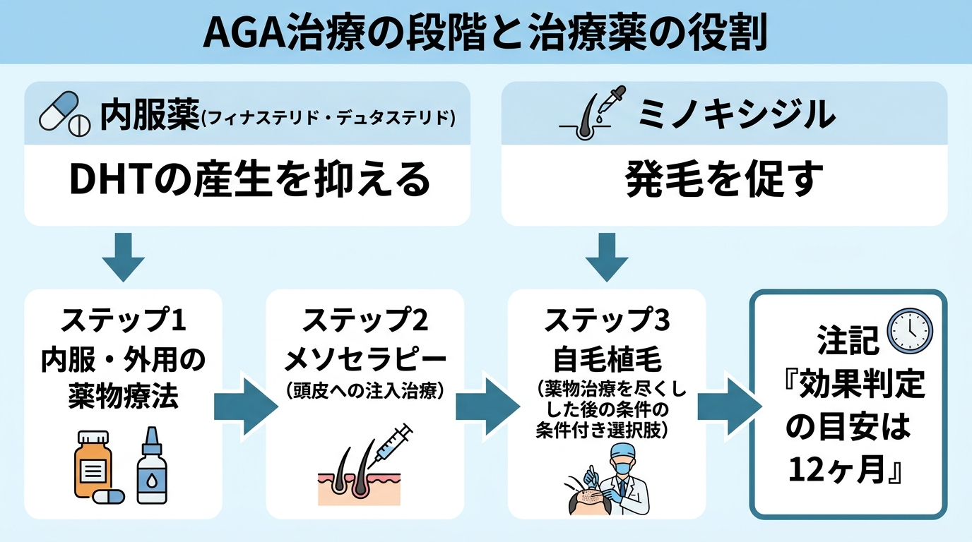 タイトル: AGA治療の段階と治療薬の役割。上段に治療薬の役割2分類: 内服薬（フィナステリド・デュタステリド）→ DHTの産生を抑える／ミノキシジル → 発毛を促す。下段に治療のステップ4段階のフロー図: ステップ1 内服・外用の薬物療法 → ステップ2 メソセラピー（頭皮への注入治療）→ ステップ3 自毛植毛（薬物治療を尽くした後の条件付き選択肢）。注記『効果判定の目安は12ヶ月』