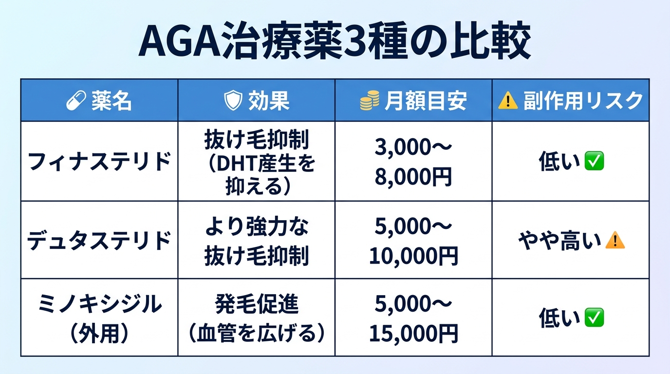 タイトル: AGA治療薬3種の比較。4列の表: ヘッダー行: 薬名 | 効果 | 月額目安 | 副作用リスク。行1: フィナステリド | 抜け毛抑制(DHT産生を抑える) | 3,000〜8,000円 | 低い。行2: デュタステリド | より強力な抜け毛抑制 | 5,000〜10,000円 | やや高い。行3: ミノキシジル(外用) | 発毛促進(血管を広げる) | 5,000〜15,000円 | 低い