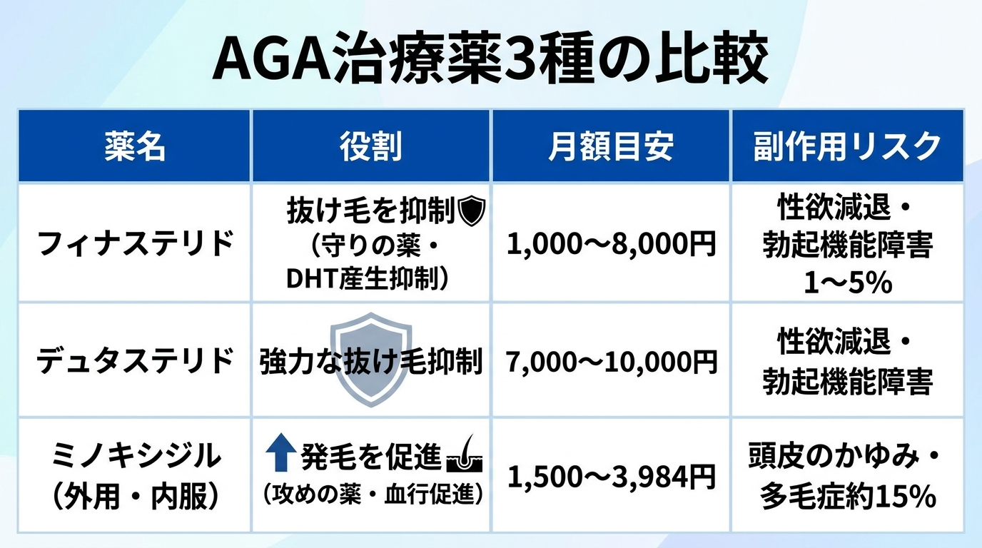 タイトル: AGA治療薬3種の比較。4列の表: ヘッダー行: 薬名 | 役割 | 月額目安 | 副作用リスク。行1: フィナステリド | 抜け毛を抑制（守りの薬・DHT産生抑制） | 1,000〜8,000円 | 性欲減退・勃起機能障害 1〜5%。行2: デュタステリド | 強力な抜け毛抑制 | 7,000〜10,000円 | 性欲減退・勃起機能障害。行3: ミノキシジル（外用・内服） | 発毛を促進（攻めの薬・血行促進） | 1,500〜3,984円 | 頭皮のかゆみ・多毛症約15%