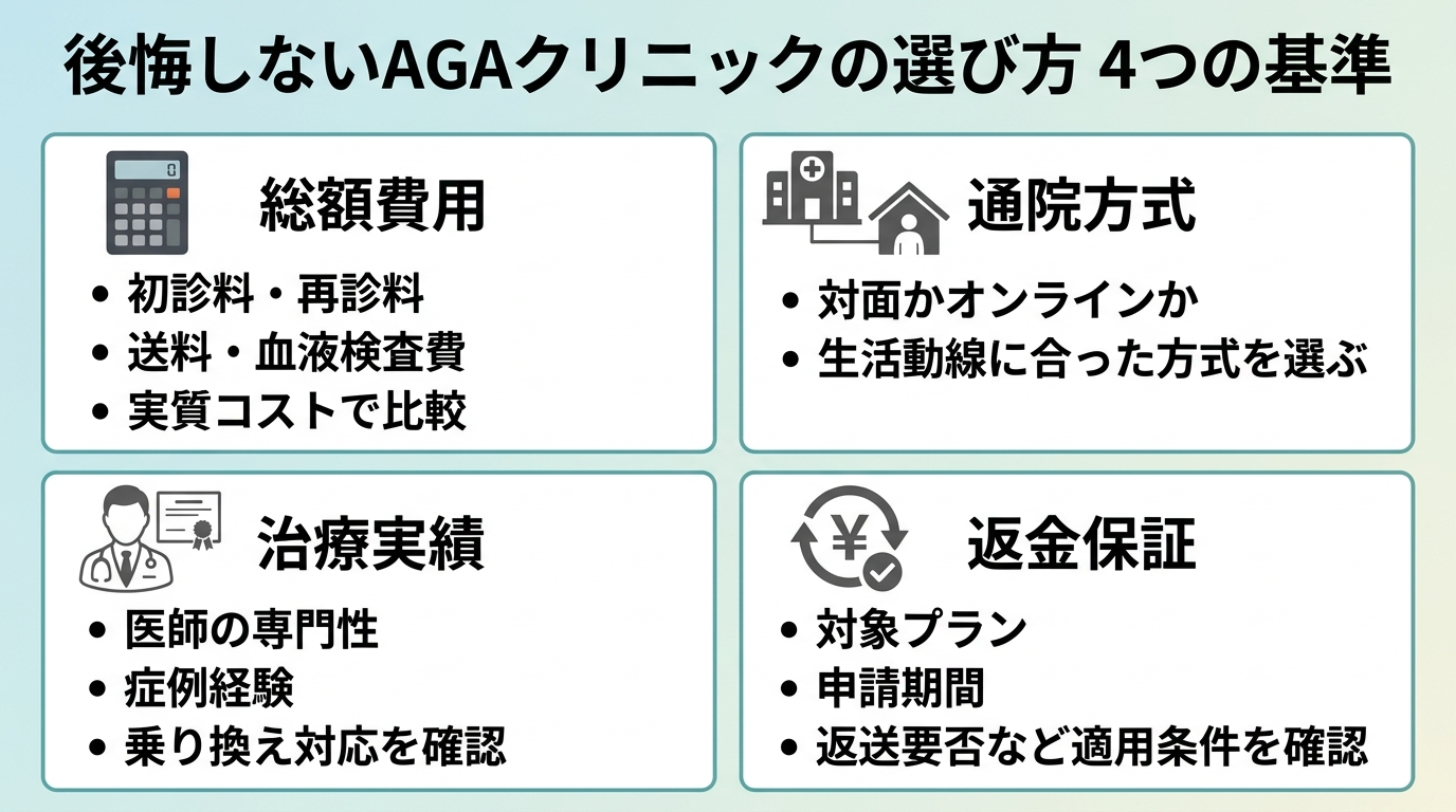 タイトル: 後悔しないAGAクリニックの選び方 4つの基準。2×2のカード型レイアウトで: カード1(電卓のアイコン)総額費用: 初診料・再診料・送料・血液検査費まで含めた実質コストで比較。カード2(クリニックと家のアイコン)通院方式: 対面かオンラインか、生活動線に合った方式を選ぶ。カード3(医師のアイコン)治療実績: 医師の専門性・症例経験・乗り換え対応を確認。カード4(返金マークのアイコン)返金保証: 対象プラン・申請期間・返送要否など適用条件を確認