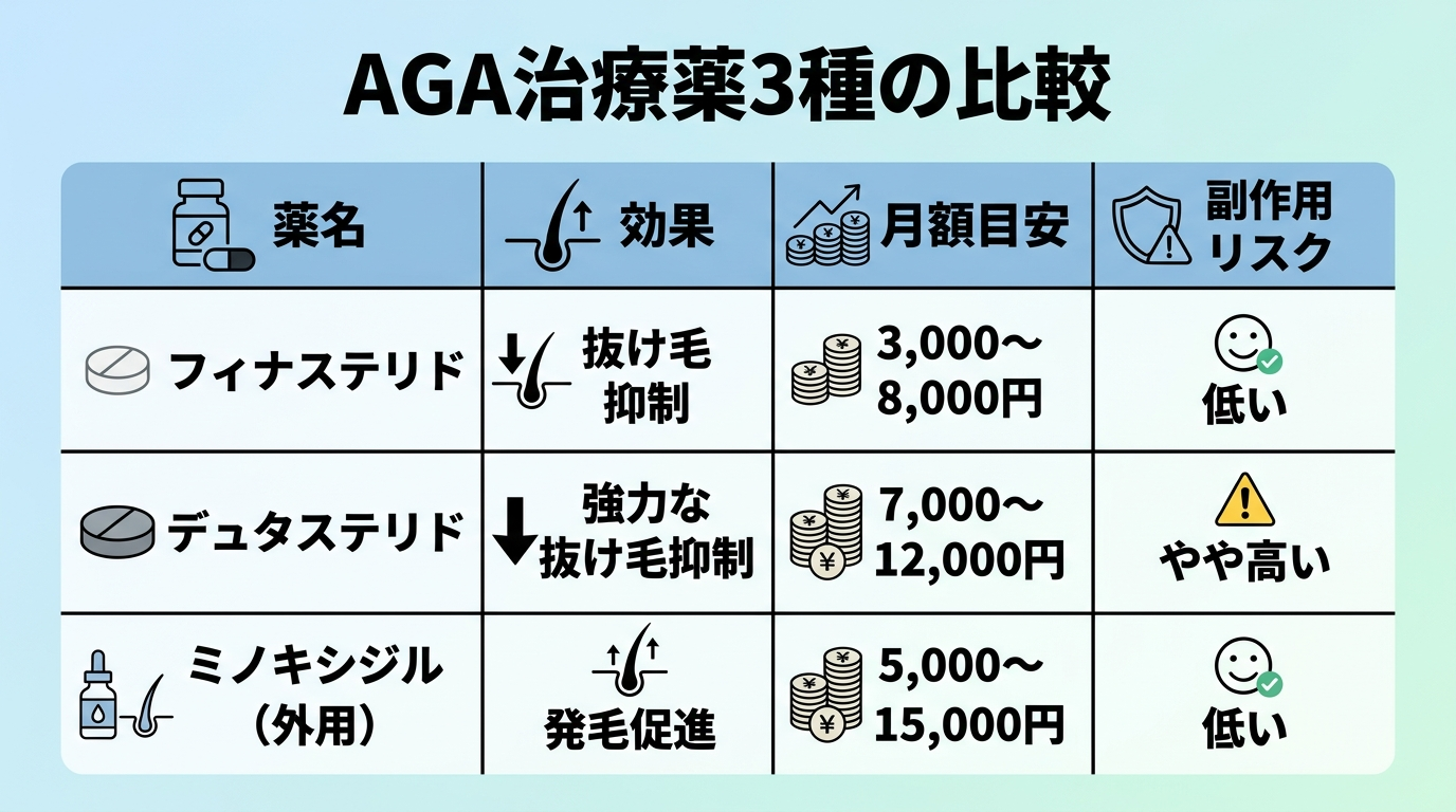 タイトル: AGA治療薬3種の比較。4列の表: ヘッダー行: 薬名 | 効果 | 月額目安 | 副作用リスク。行1: フィナステリド | 抜け毛抑制 | 3,000〜8,000円 | 低い。行2: デュタステリド | 強力な抜け毛抑制 | 7,000〜12,000円 | やや高い。行3: ミノキシジル(外用) | 発毛促進 | 5,000〜15,000円 | 低い
