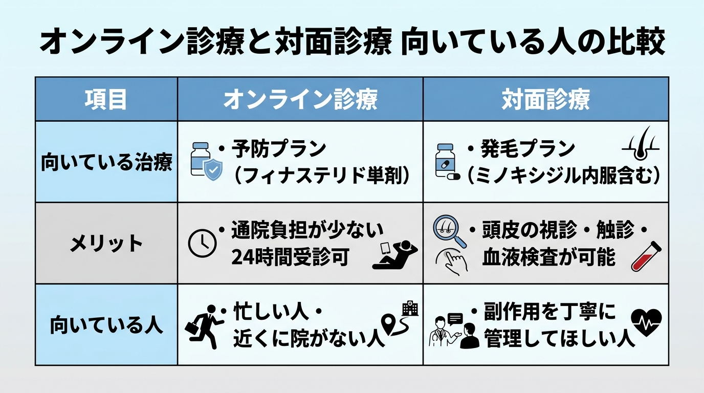 タイトル: オンライン診療と対面診療 向いている人の比較。2列の比較表: ヘッダー行: 項目 | オンライン診療 | 対面診療。行1: 向いている治療 | 予防プラン(フィナステリド単剤) | 発毛プラン(ミノキシジル内服含む)。行2: メリット | 通院負担が少ない・24時間受診可 | 頭皮の視診・触診・血液検査が可能。行3: 向いている人 | 忙しい人・近くに院がない人 | 副作用を丁寧に管理してほしい人