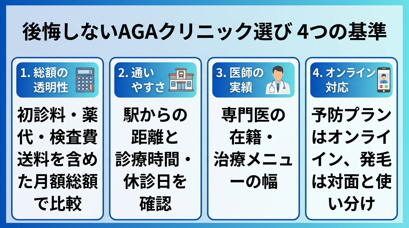 タイトル: 後悔しないAGAクリニック選び 4つの基準。横並び4カードで: カード1（電卓のアイコン）総額の透明性: 初診料・薬代・検査費・送料を含めた月額総額で比較。カード2（駅のアイコン）通いやすさ: 駅からの距離と診療時間・休診日を確認。カード3（医師のアイコン）医師の実績: 専門医の在籍・治療メニューの幅。カード4（スマホのアイコン）オンライン対応: 予防プランはオンライン、発毛は対面と使い分け